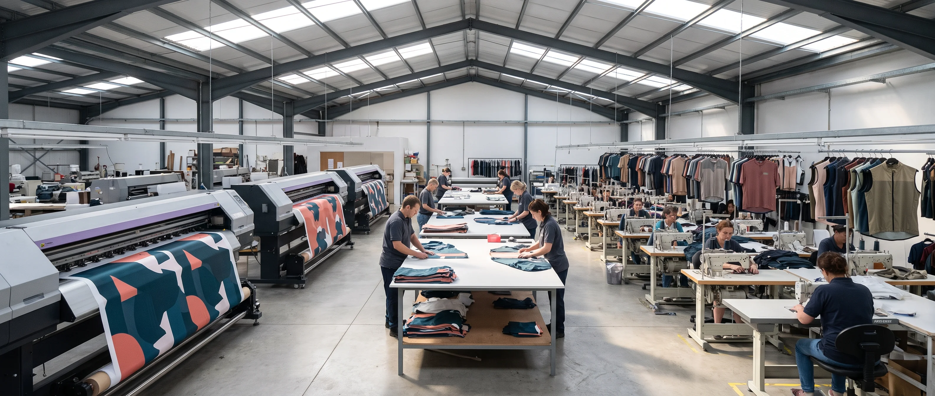 Sublimation printers feeding printed jersey fabric on the production floor where team jerseys are made
