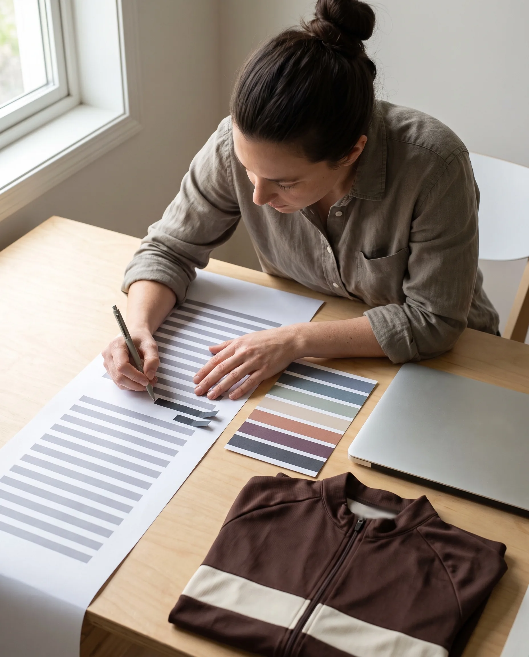 An order desk coordinator comparing a printed team roster with the body size chart, marking the lines that do not match