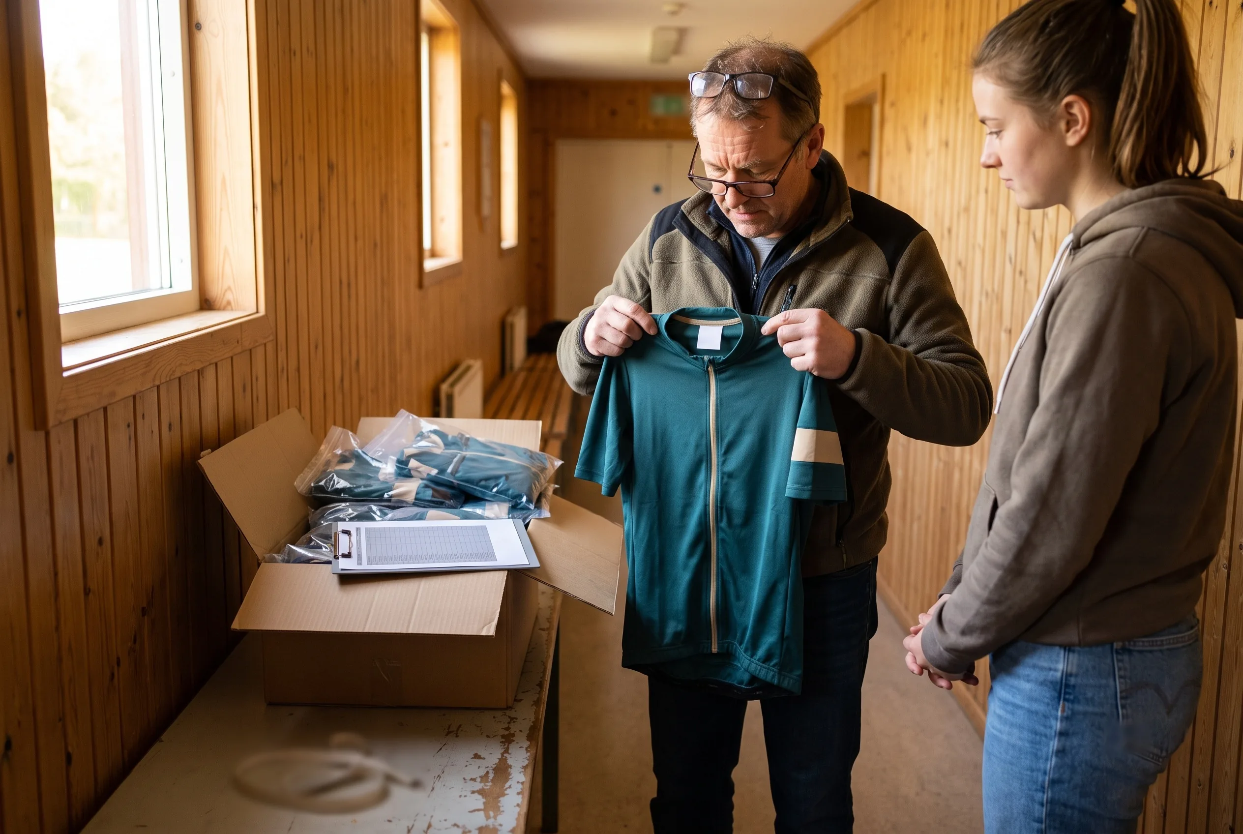 A team lead checking a delivered jersey's size label with the rider
