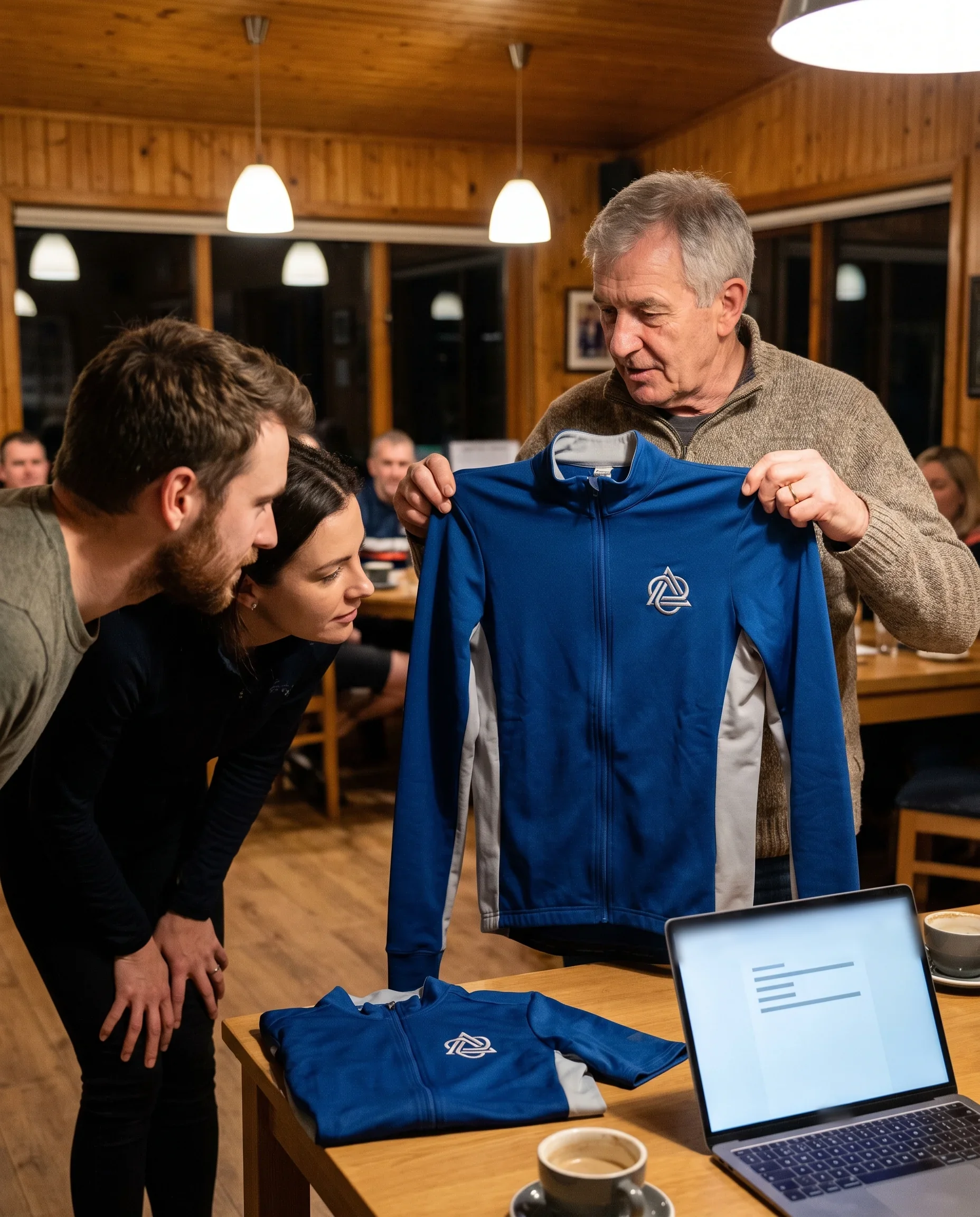 A kit secretary at club night holding up a club jacket with an embroidered chest crest next to the matching jersey