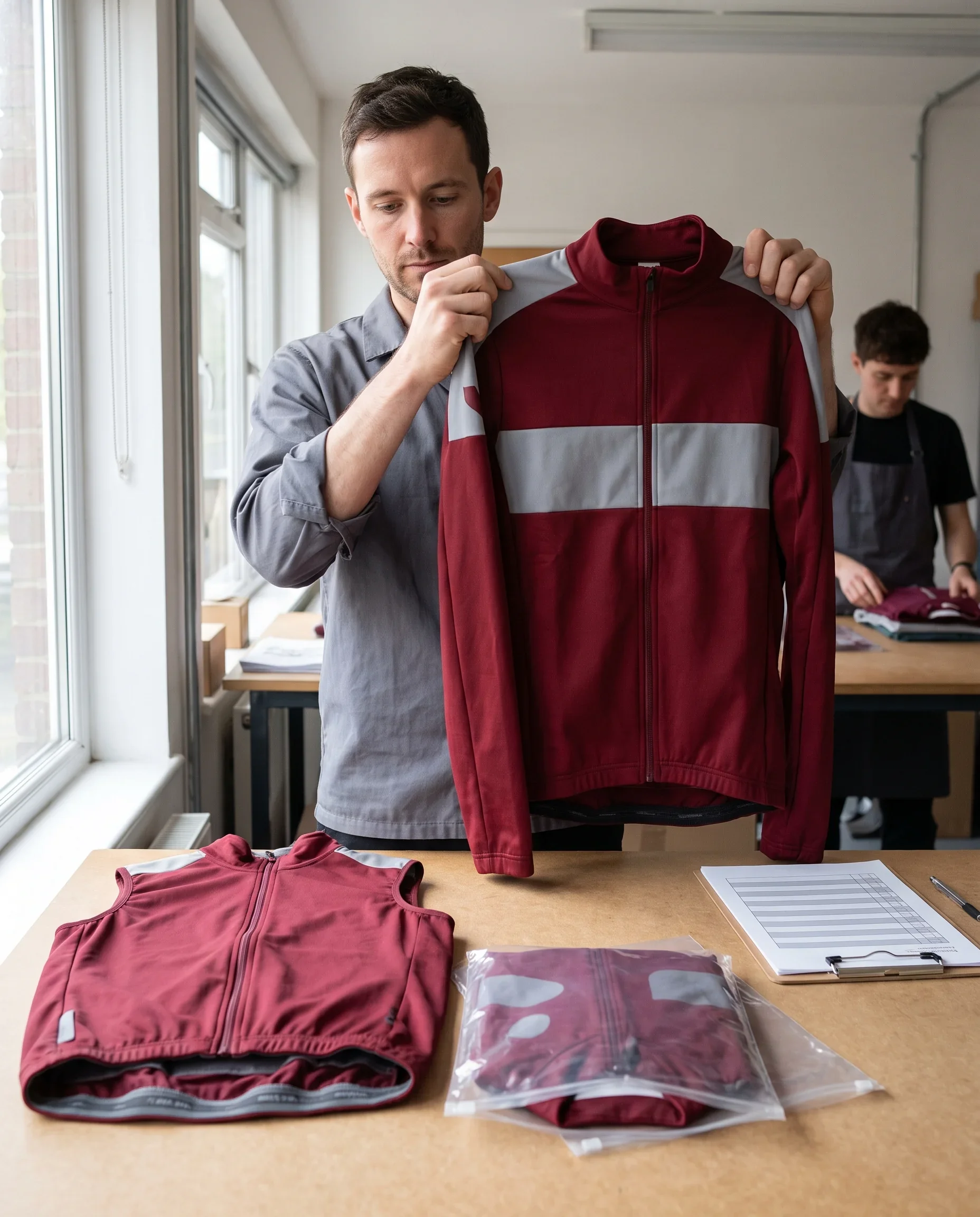 A packing lead zipping a club jacket closed at the packing bench to check the chest block meets across the zip, a gilet and a rider bag beside it