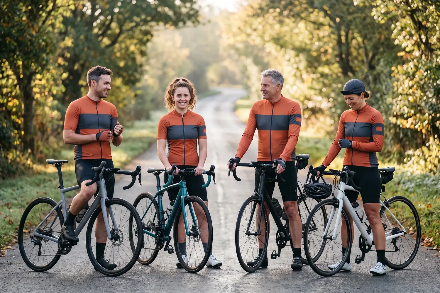 Two men and two women from one club in the same jersey layout, in short-sleeve and long-sleeve cuts, standing side by side with their bikes