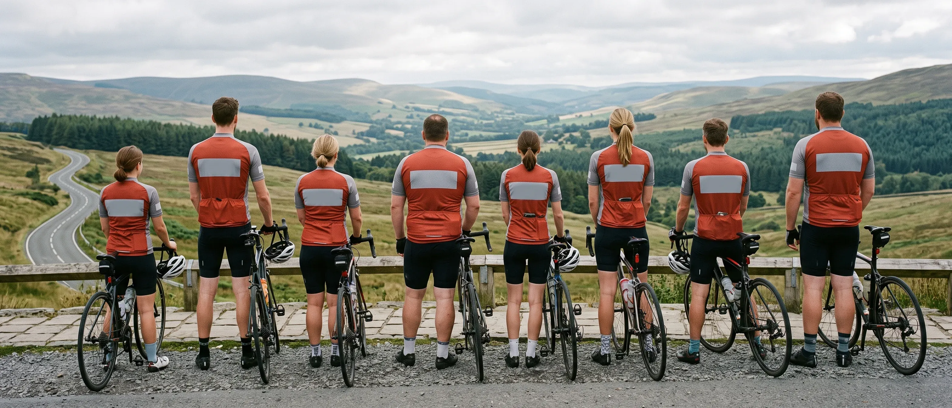 Eight riders of different heights seen from behind in the same team jersey, the upper-back panel the same width on every rider