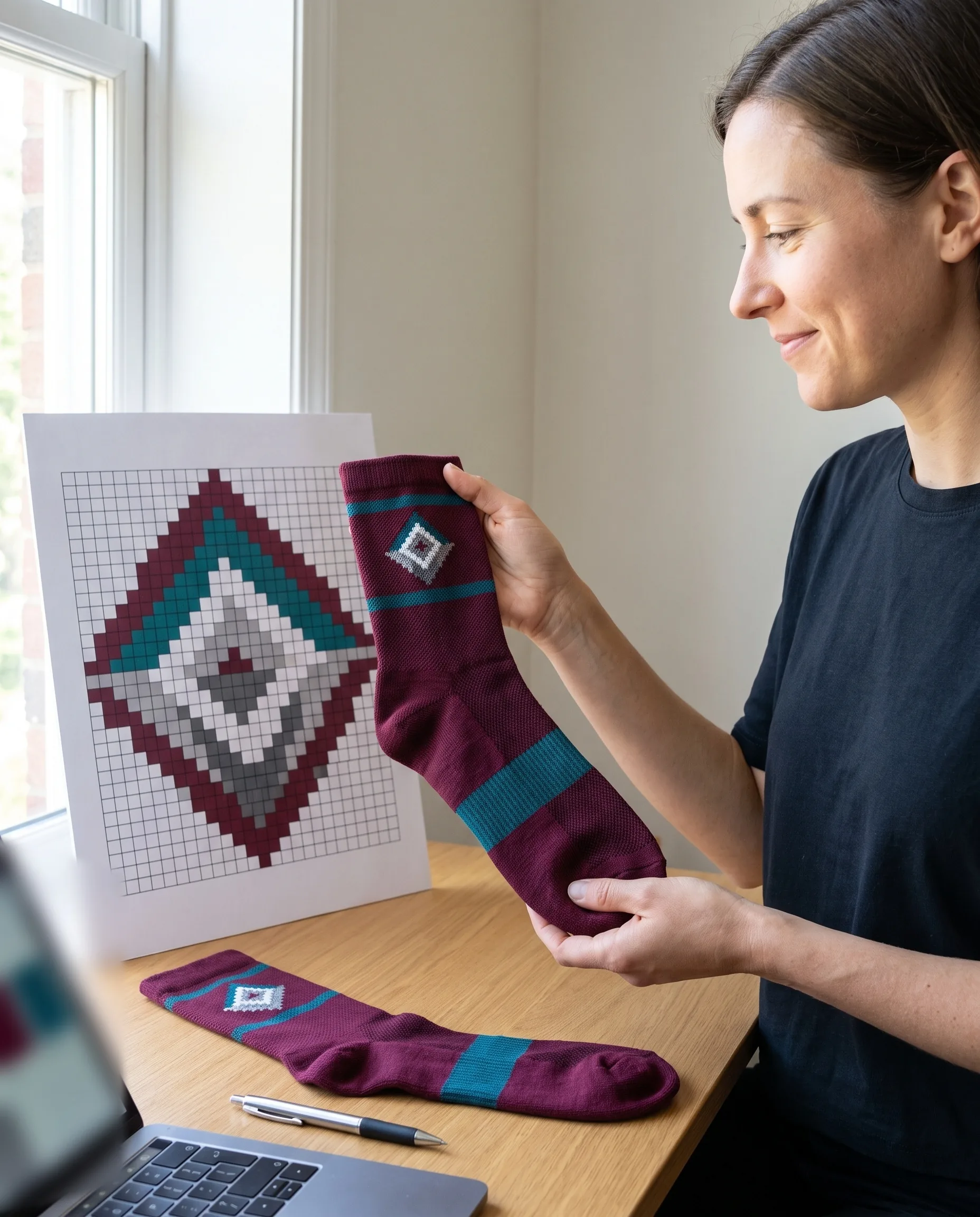 A kit layout designer holding a finished team sock beside the printed knit artwork of the same crest