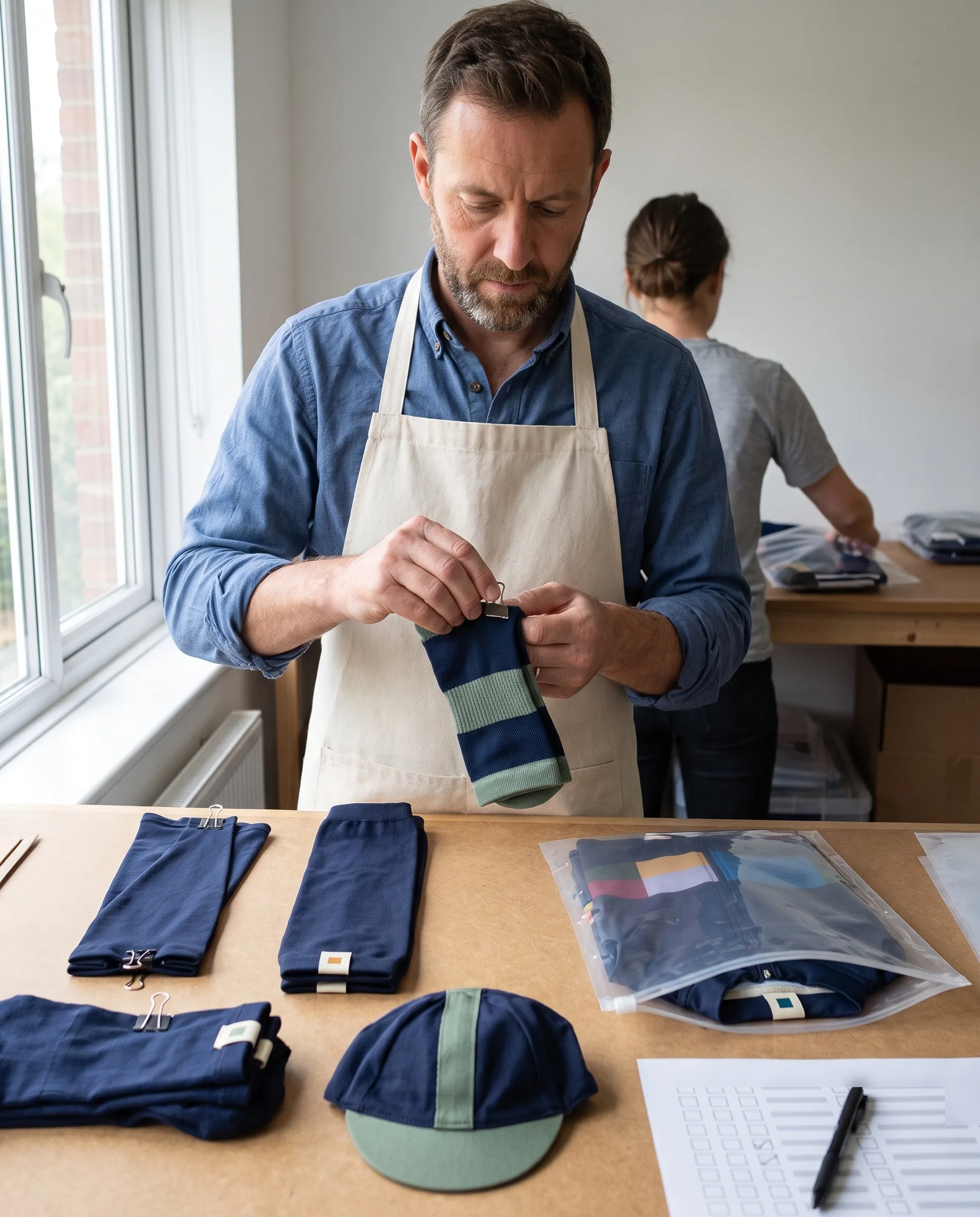 The Packing Lead clipping a pair of team socks together beside clipped arm warmers, a cap and an open rider bag