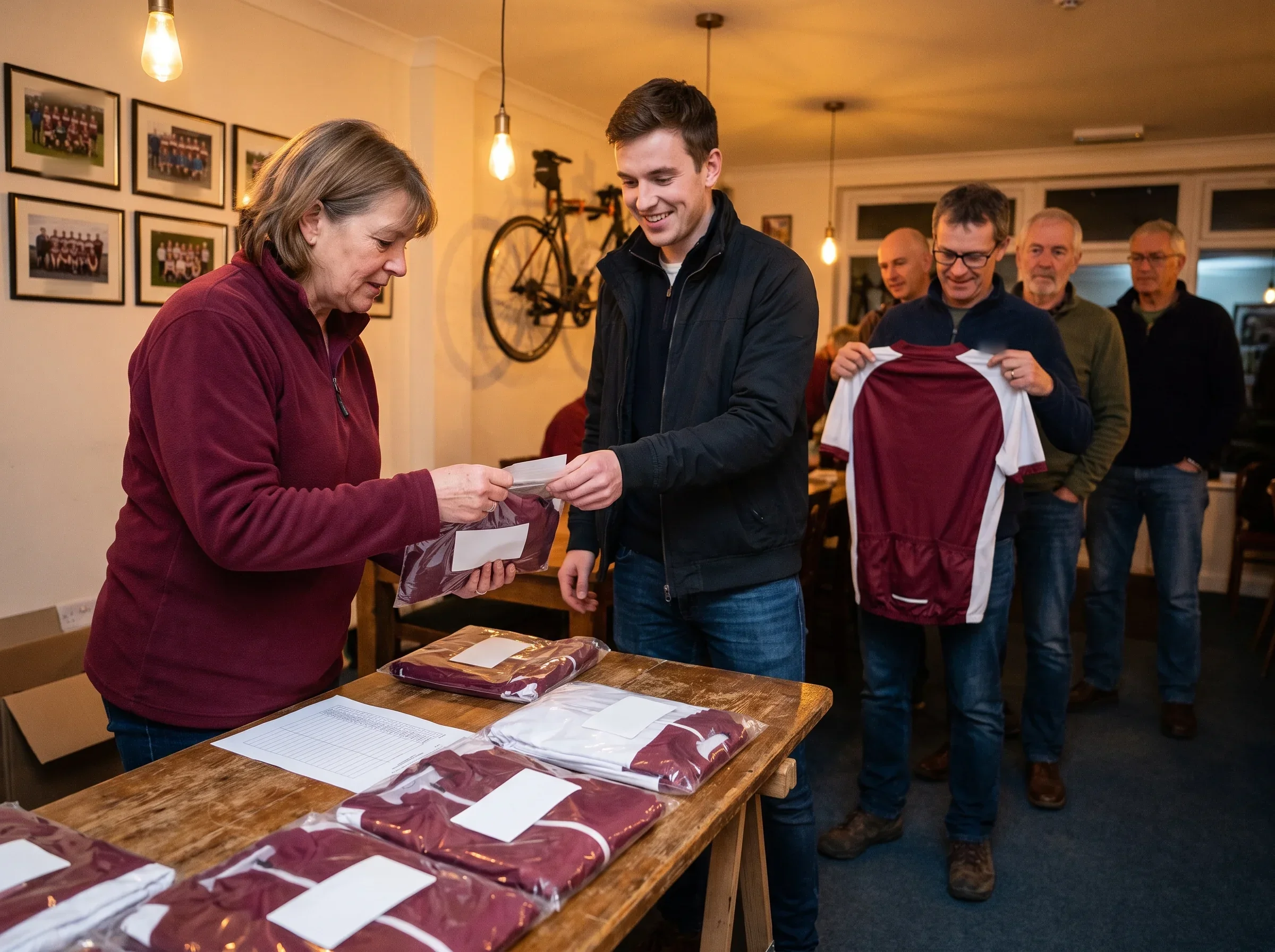 A kit secretary at club night reading the label on a bag of club kit and handing it across the table to a member, with more labelled bags lined up behind