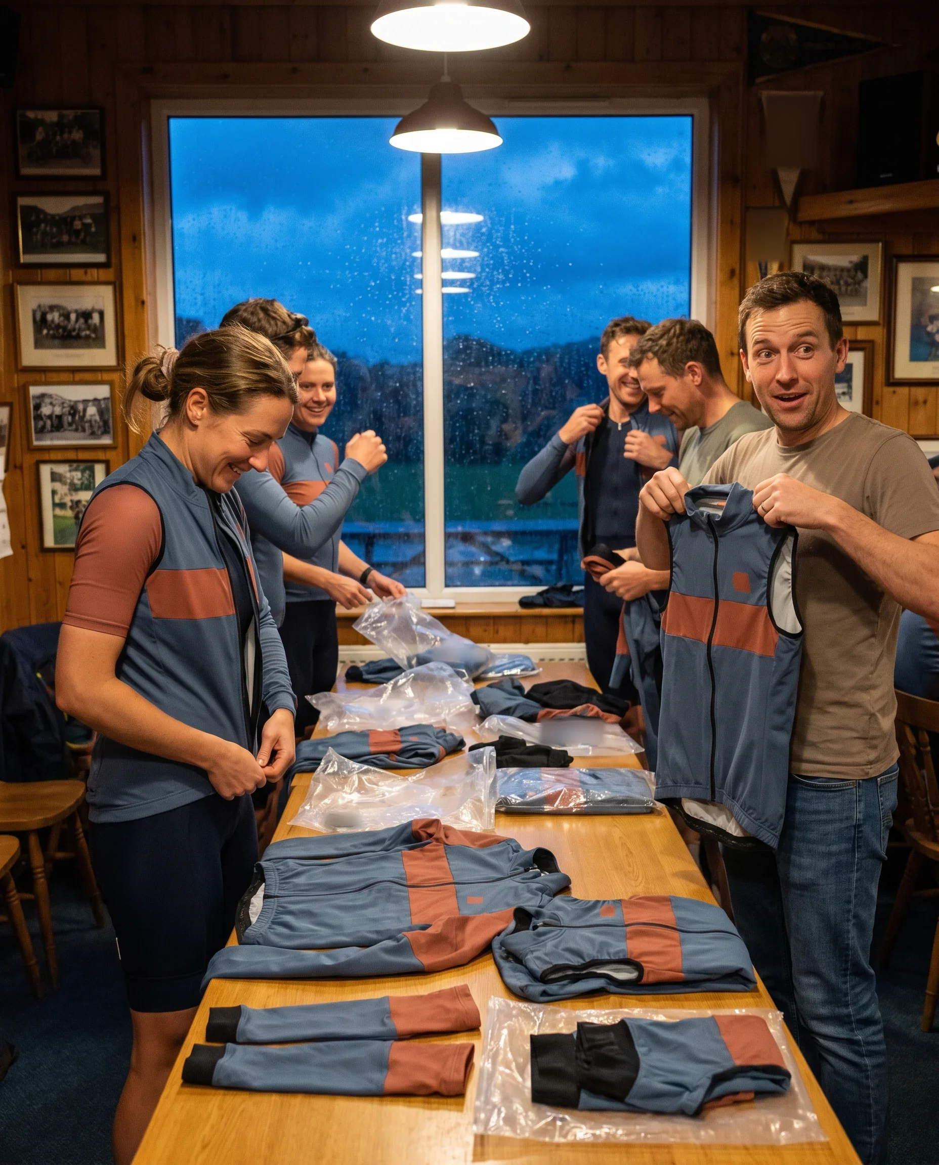 Club members collecting outer layers from one production run at their clubhouse, each rider's pieces bagged together