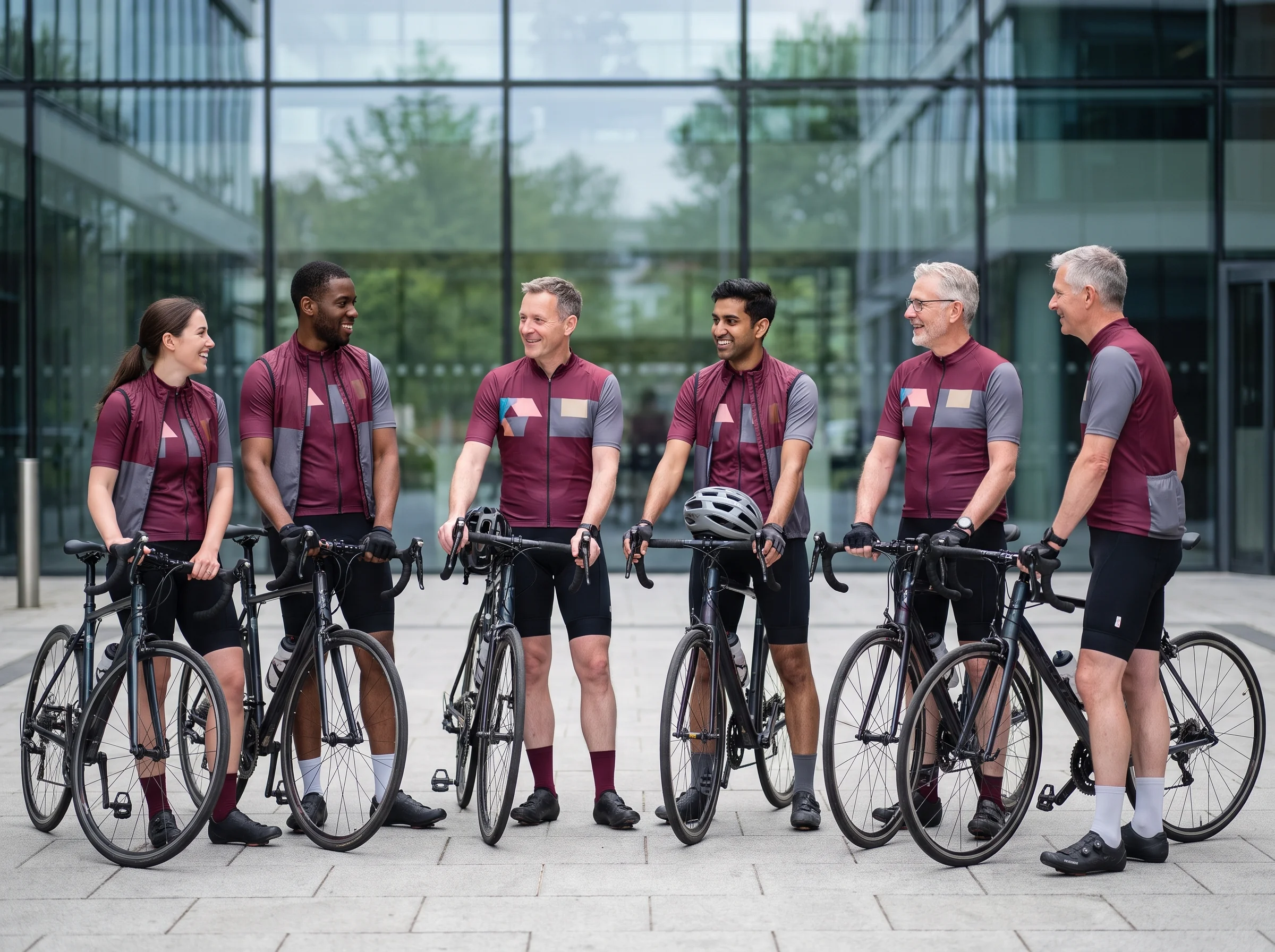 A company riding group in matching team jerseys standing with their bikes outside an office before a lunchtime ride