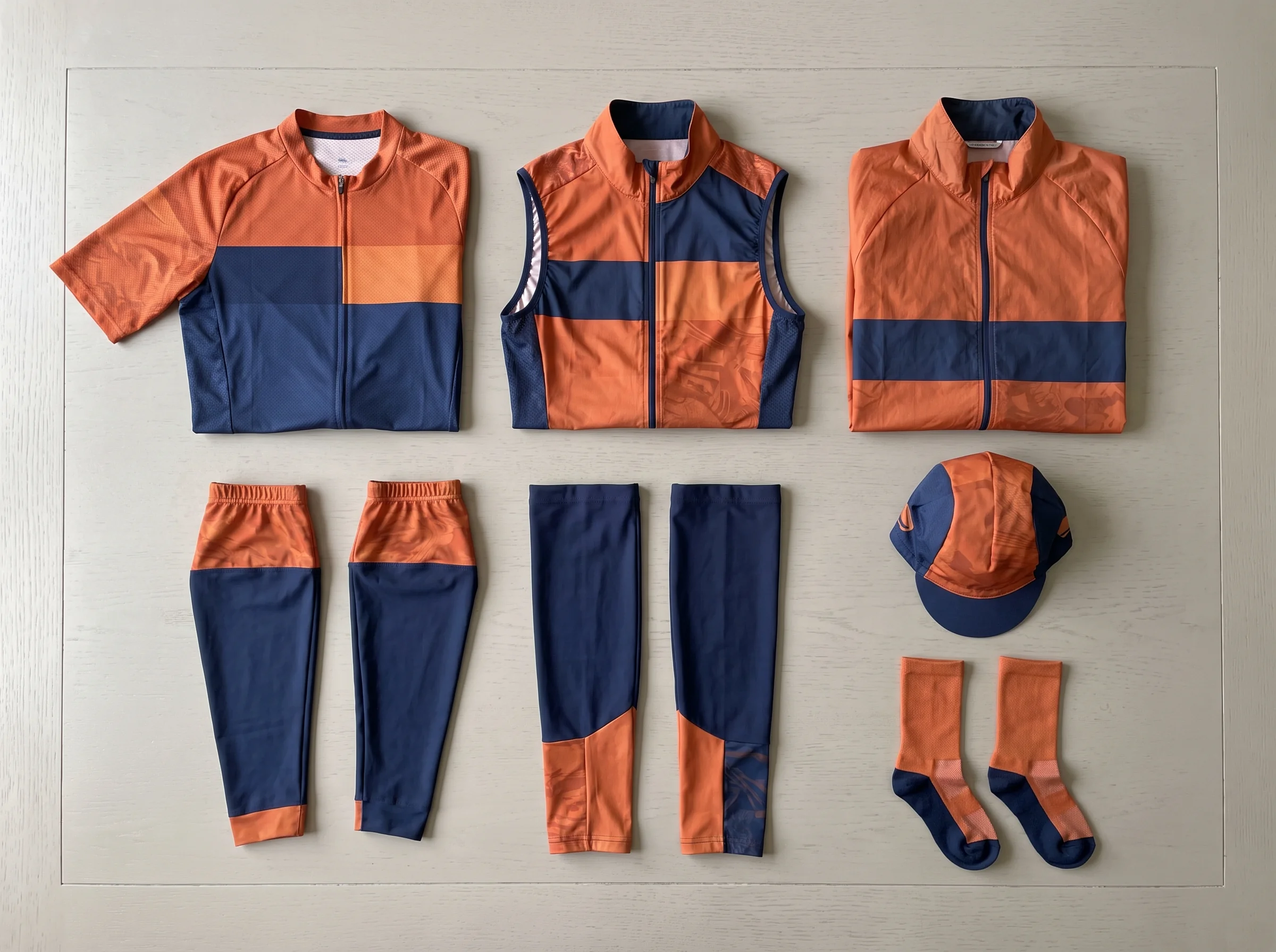 Flat lay of one complete team kit in a single colourway: jersey, gilet, jacket, arm and leg warmers, cap and socks