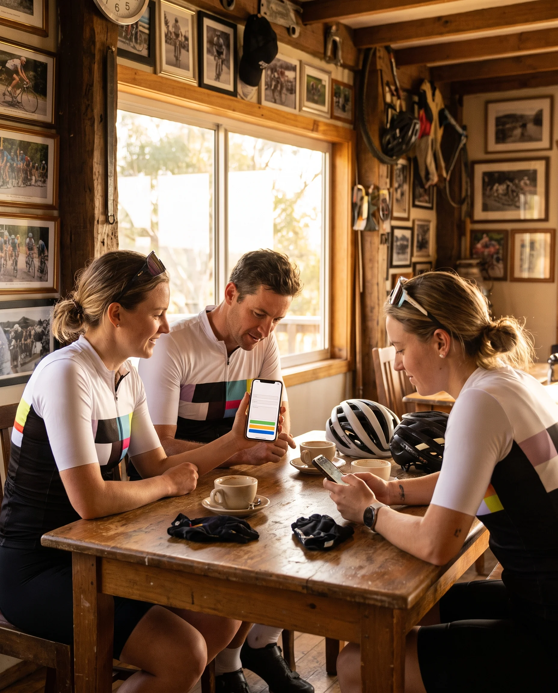 Club riders at a clubhouse table entering their kit sizes and numbers on their own phones after a ride