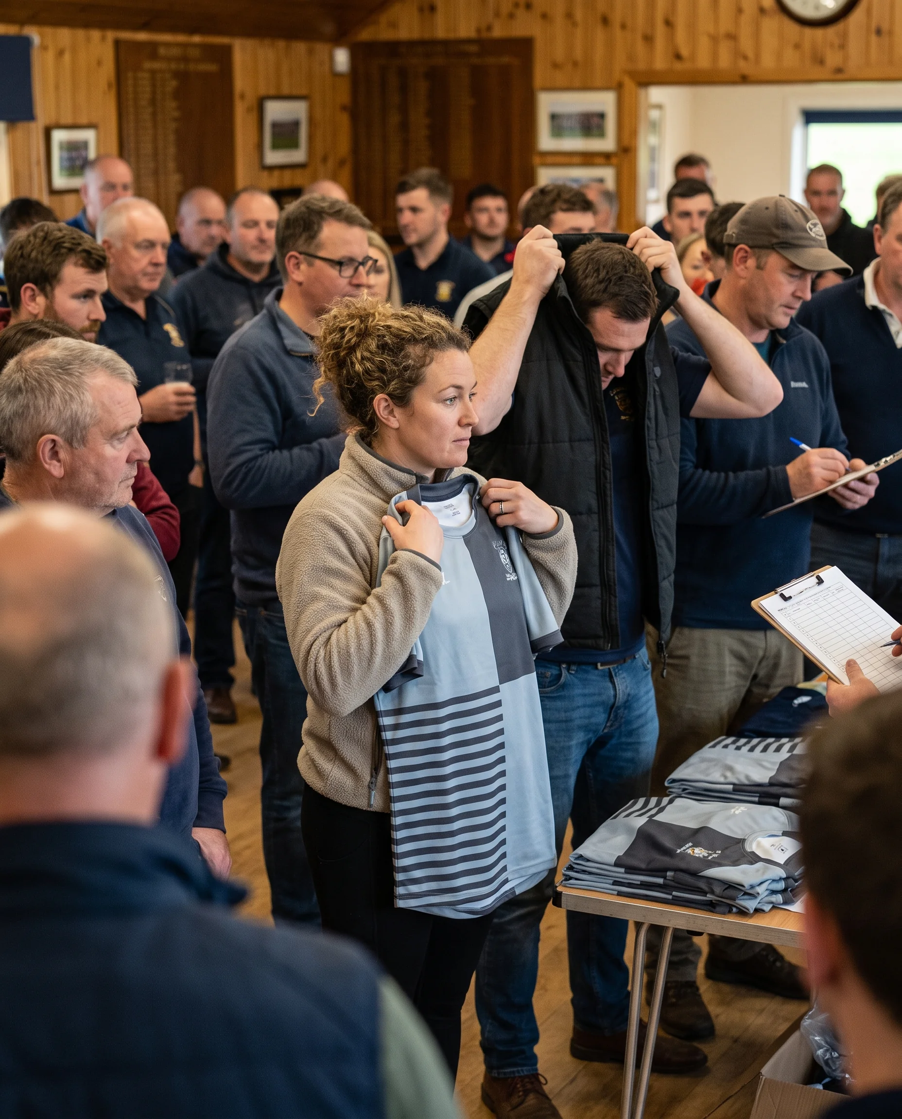 Returning club members checking the size of new-season jerseys at a club night