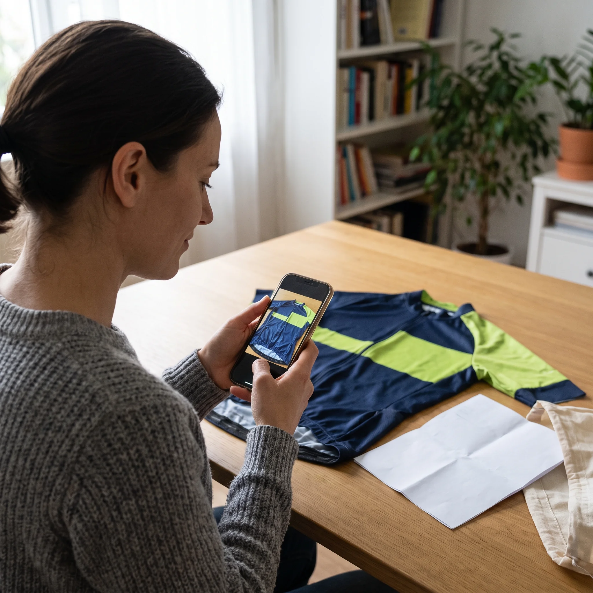 A team manager photographing a delivered jersey laid flat on a table to report an issue