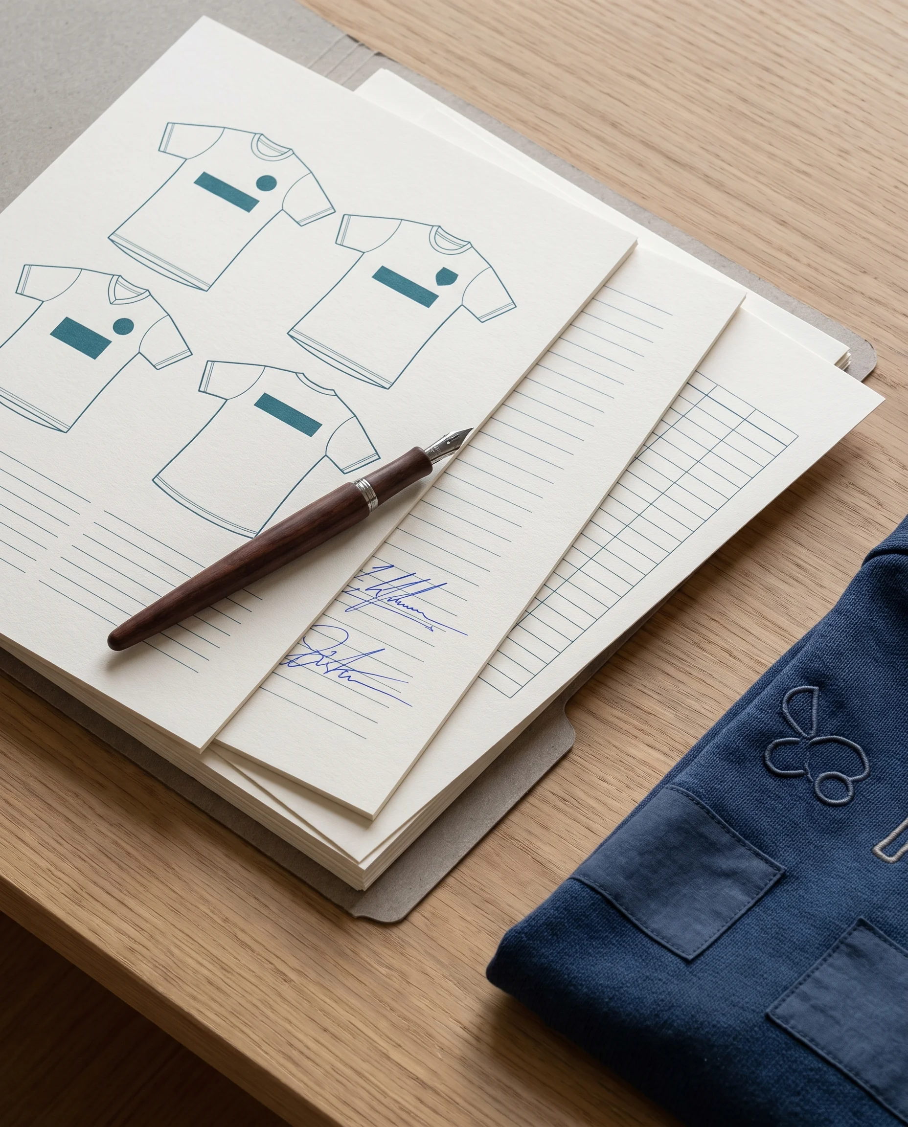 A folder of signed programme documents on a desk: a layout sheet, a signed roster and a packing list