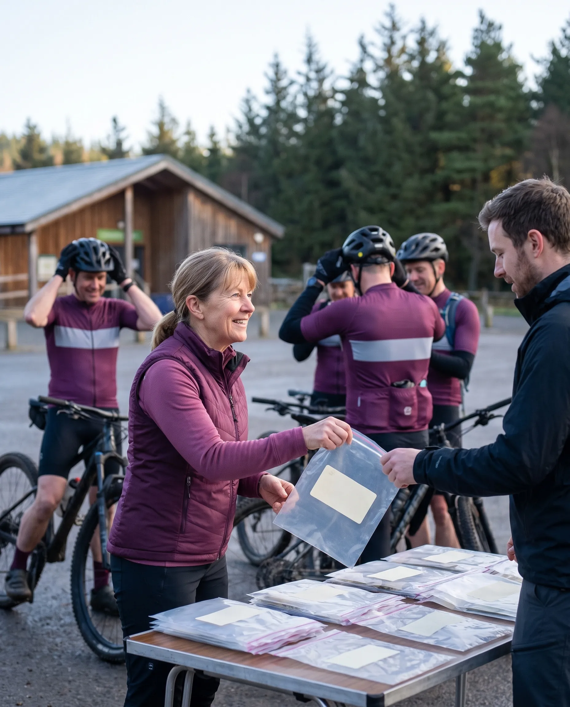 A mountain bike club's kit secretary handing labelled kit bags to members at the trail centre before a club ride