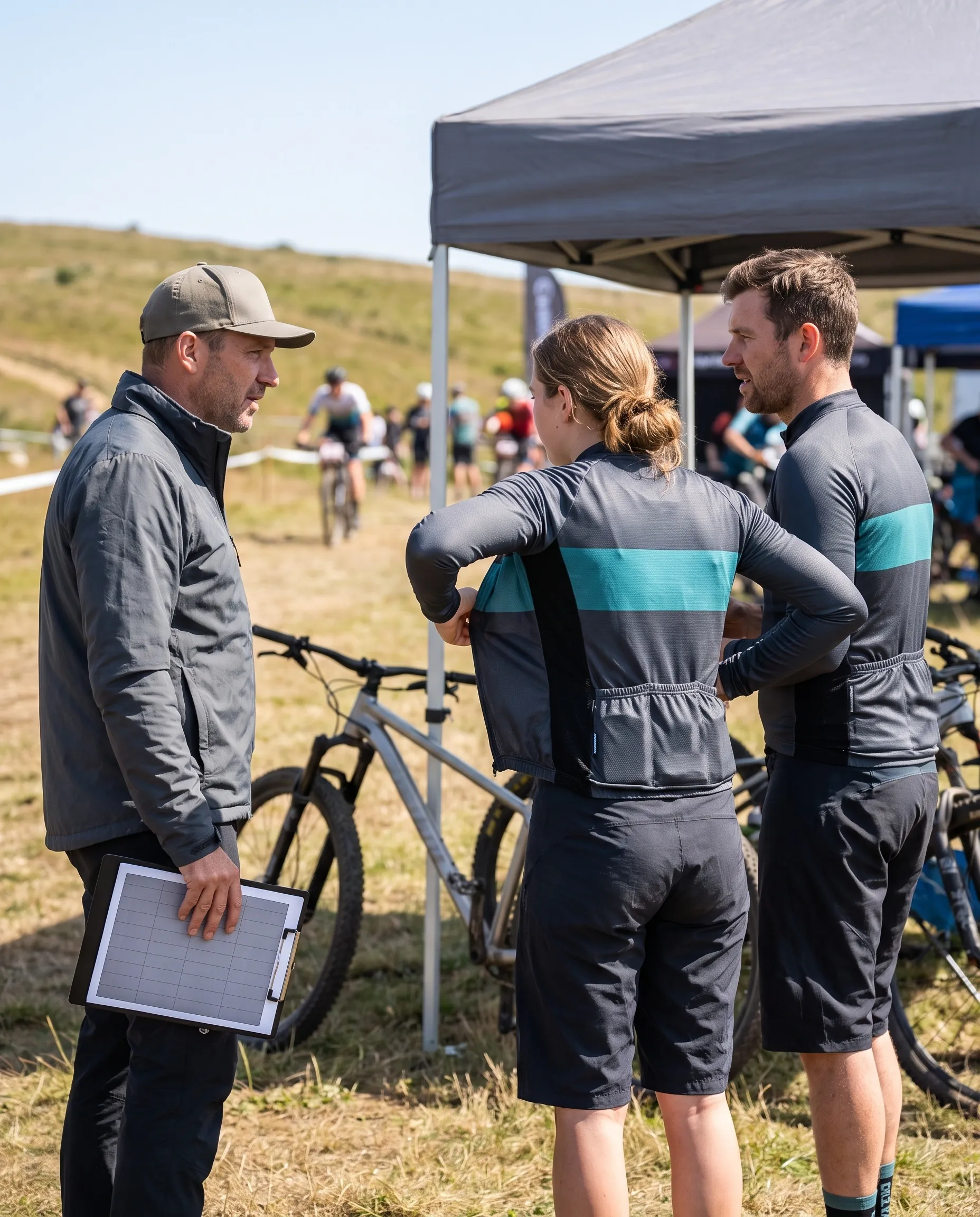 An XC team manager with a blank roster sheet talking to two riders, one pulling her team jersey over body protection