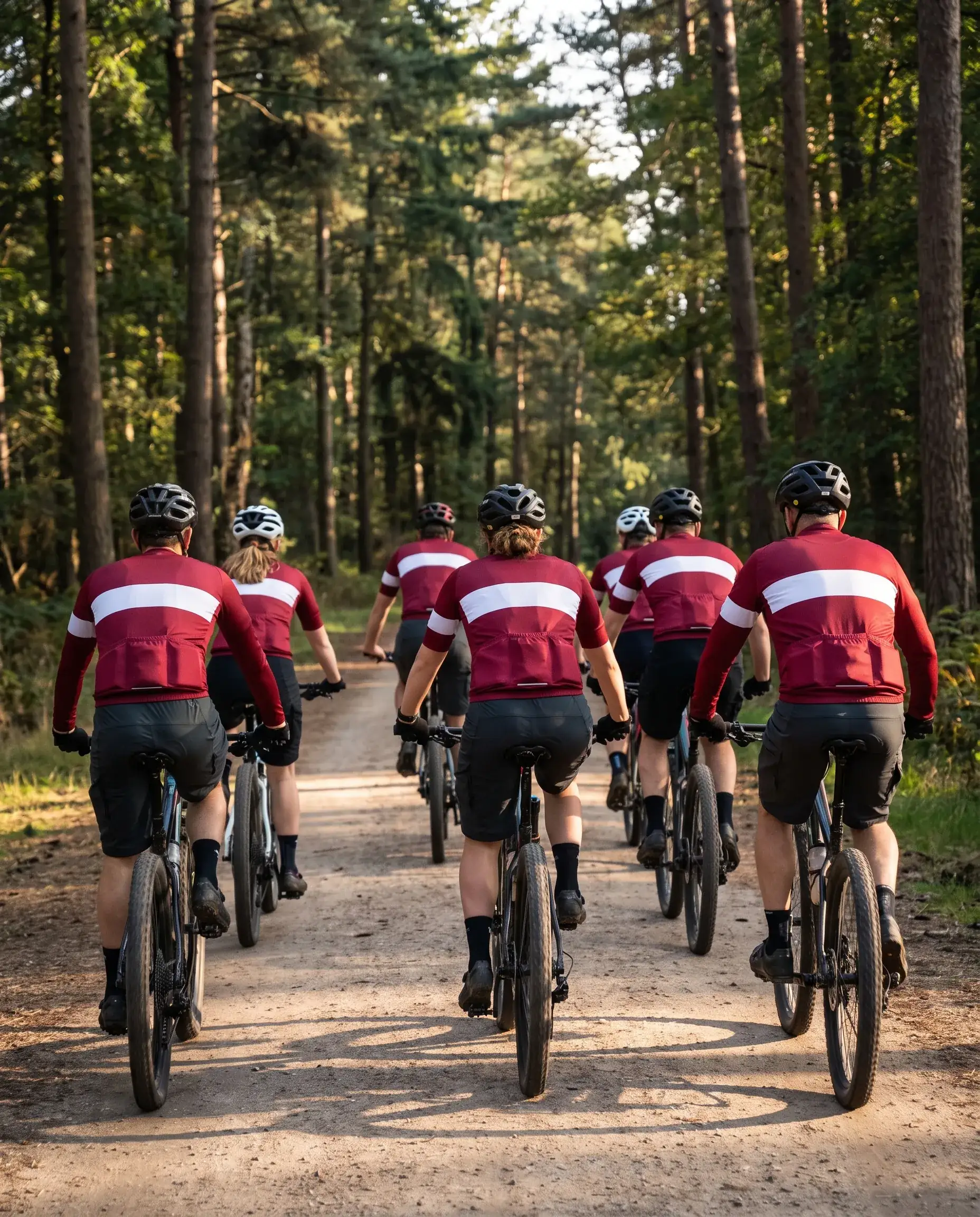 A school mountain bike team seen from behind riding out together along a woodland trail