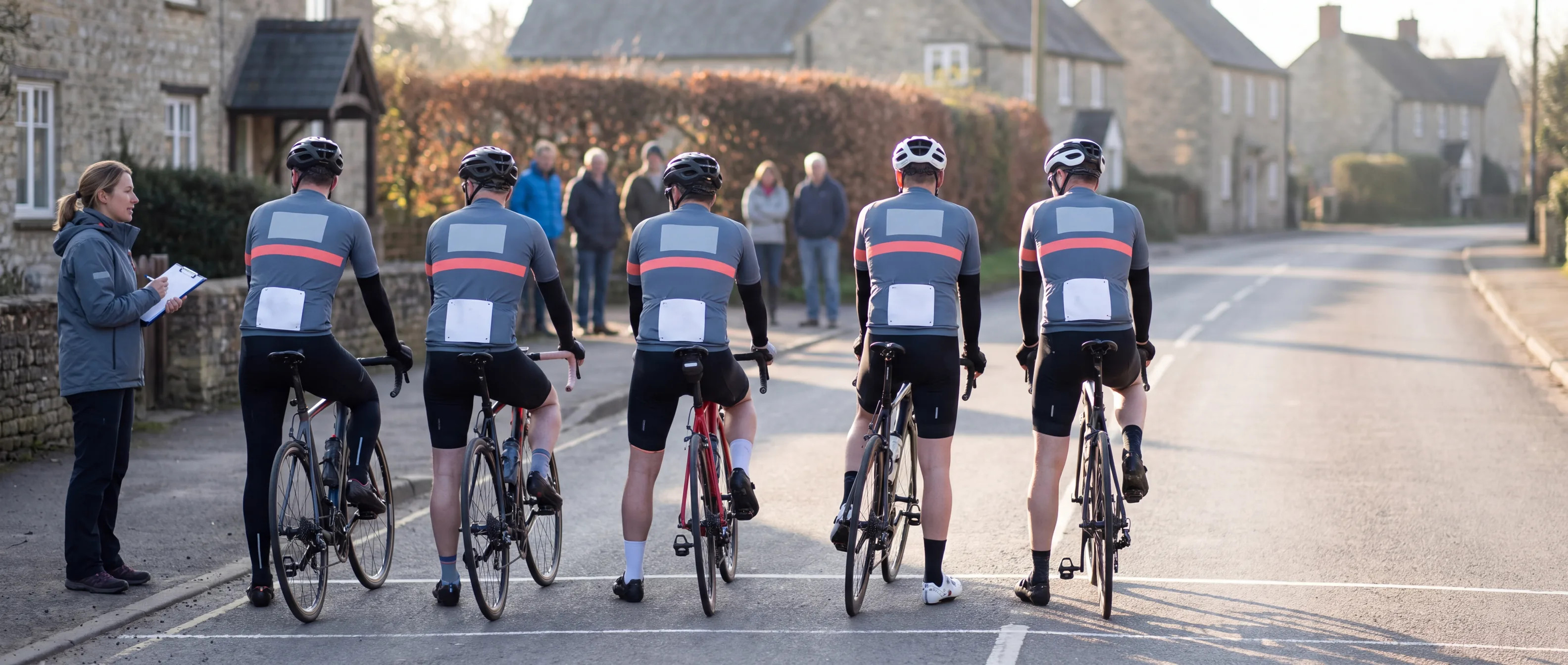 An amateur racing team in matching kit lined up behind the start line of a regional race, their team manager beside them
