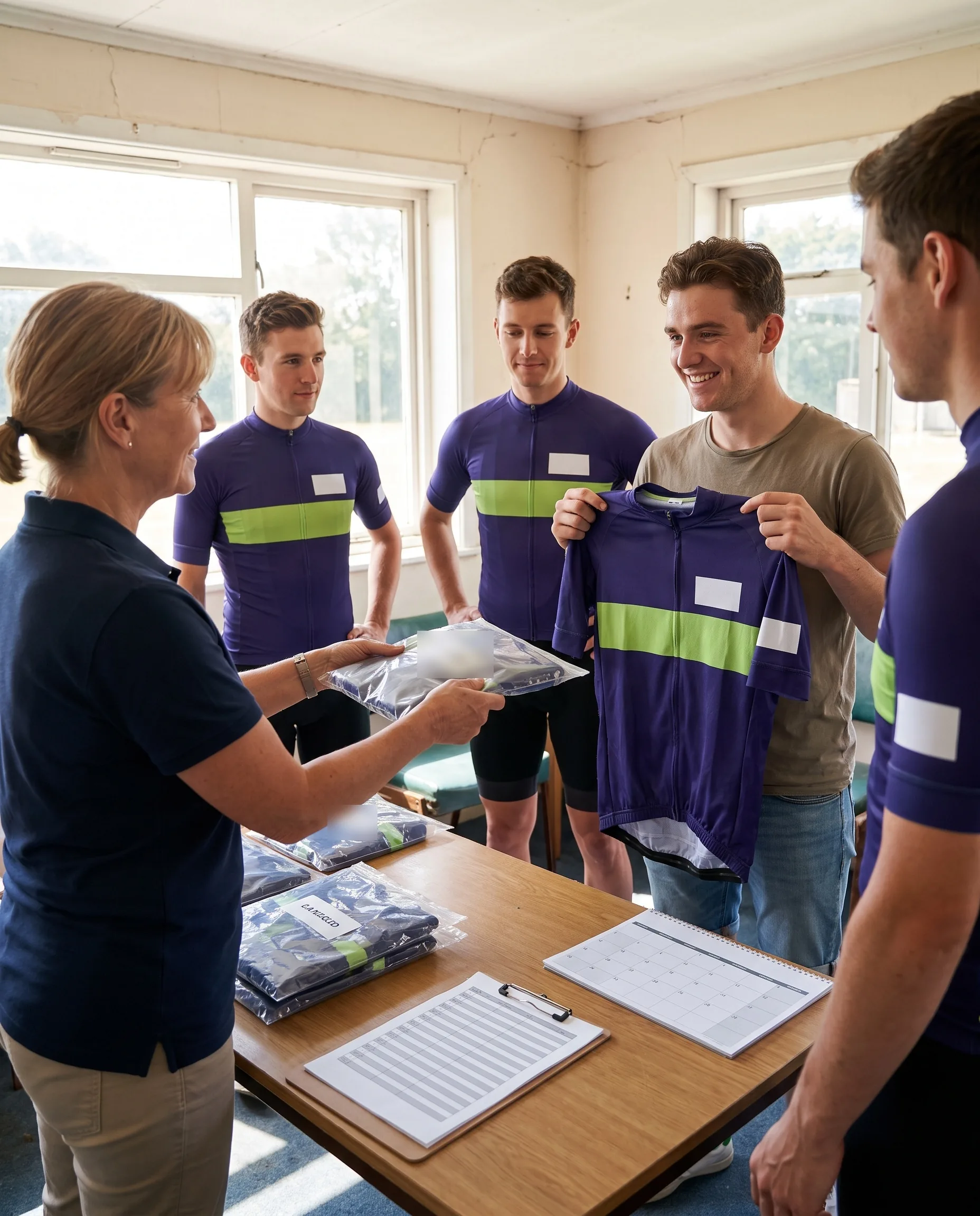 In the mid-season break a newly signed rider receives his labelled kit bag while teammates wear the earlier version of the same layout