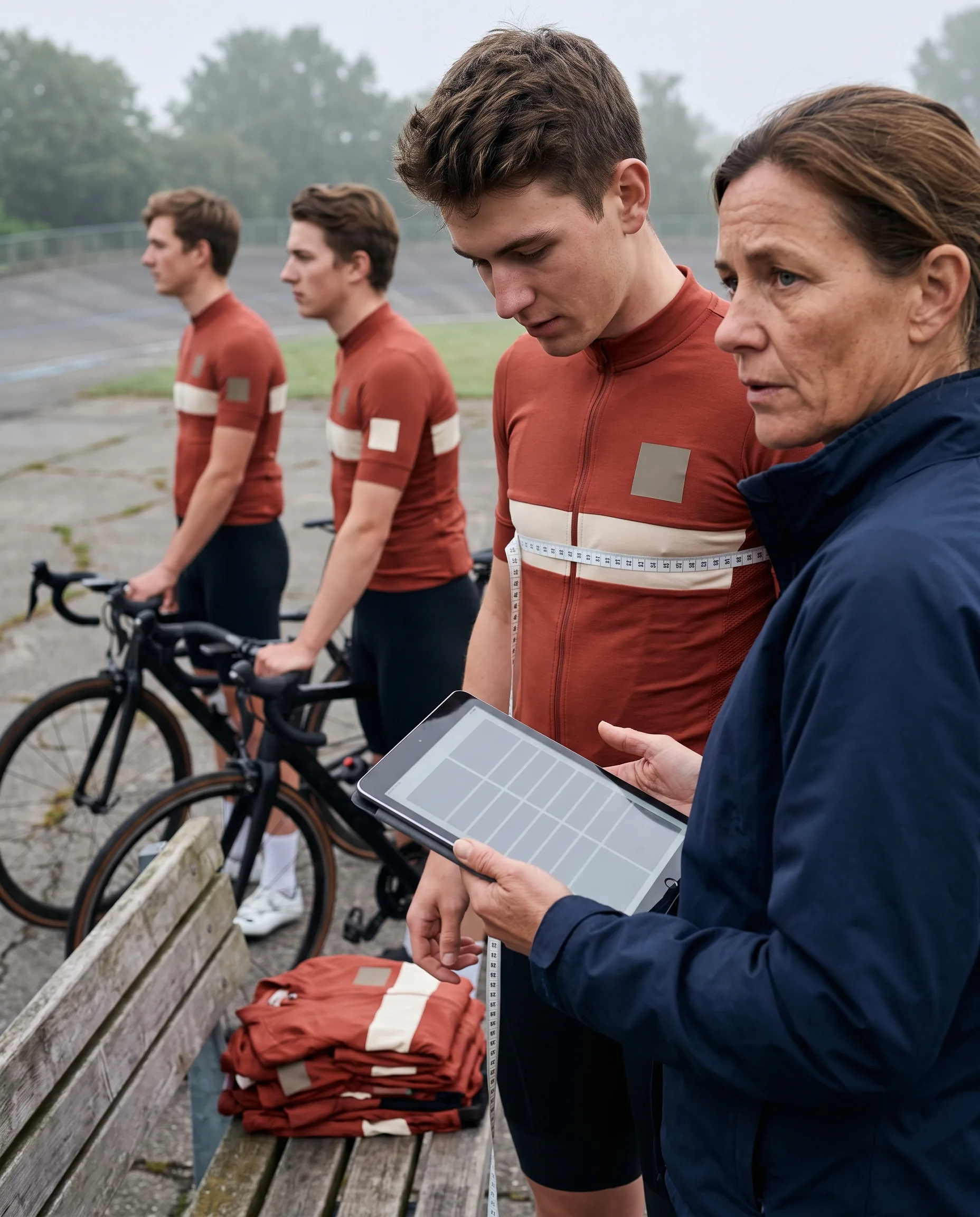 An academy coach checks a flagged line with a young adult rider who is measuring his chest again at the start of the season
