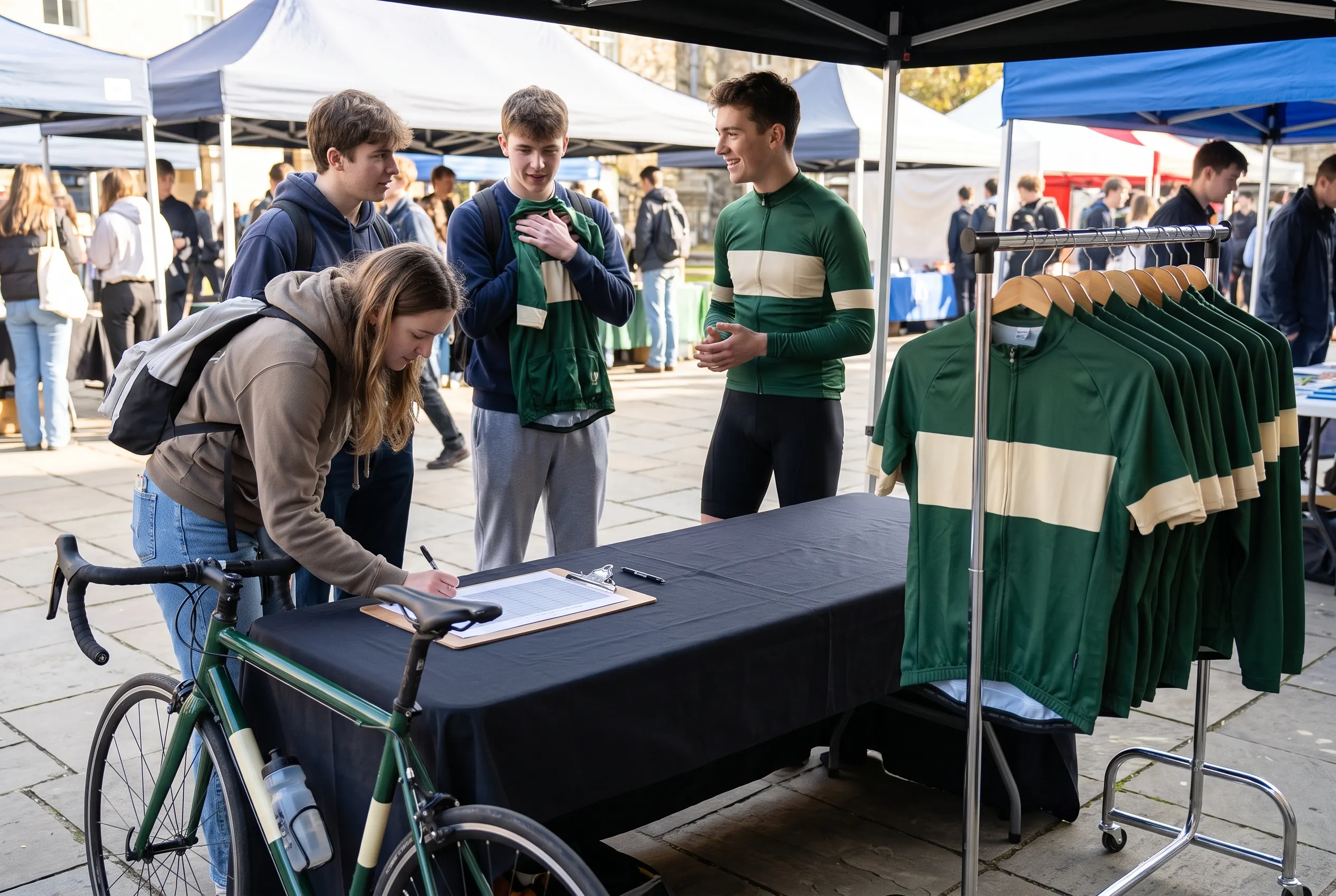 A university cycling club stall at a start-of-year clubs fair, with team jerseys on a rail and first-year students signing up at the table