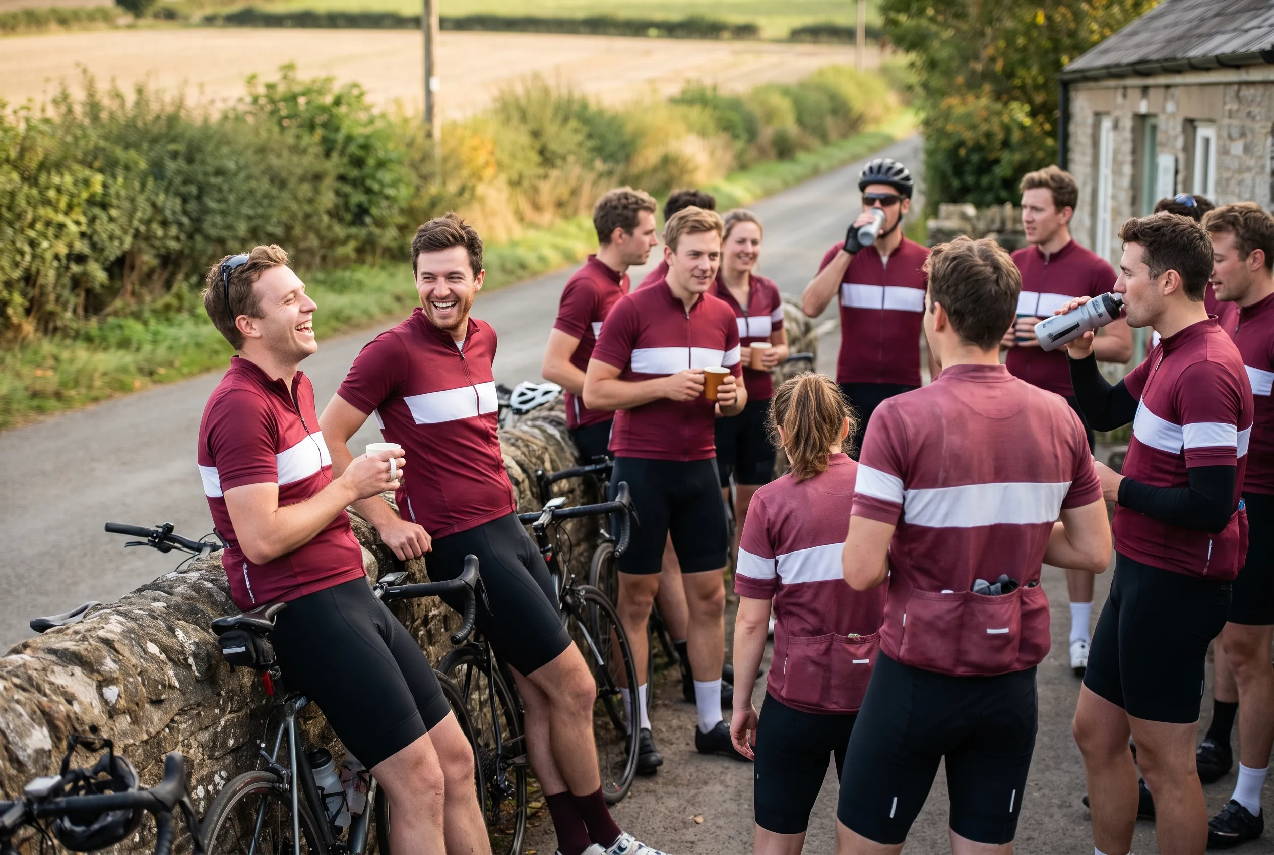 Illustrative photo: a student-run university cycling club stopped on a weekend ride, new and older riders all in the same maroon and white colourway