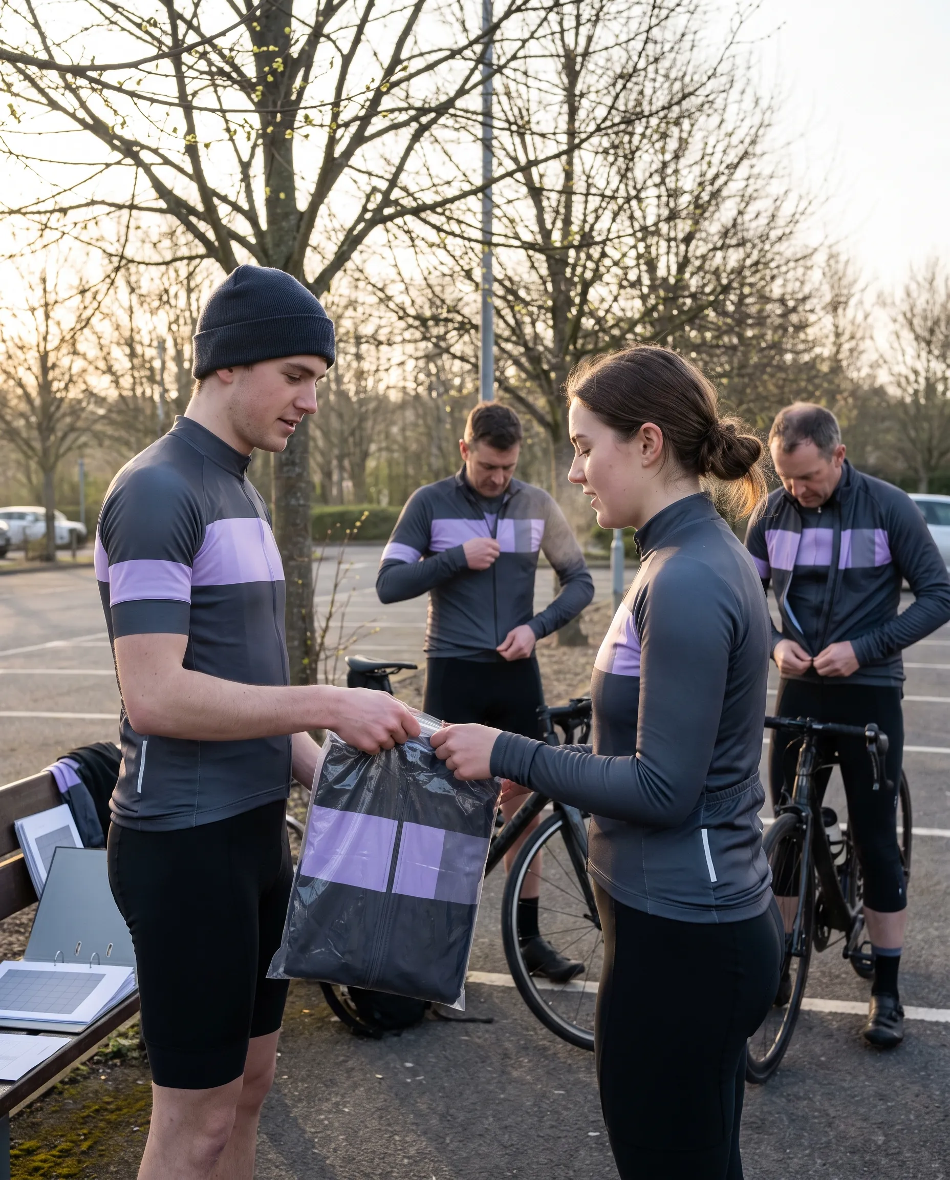 A university team captain hands a new team jacket to a teammate on a cool early-spring morning before racing