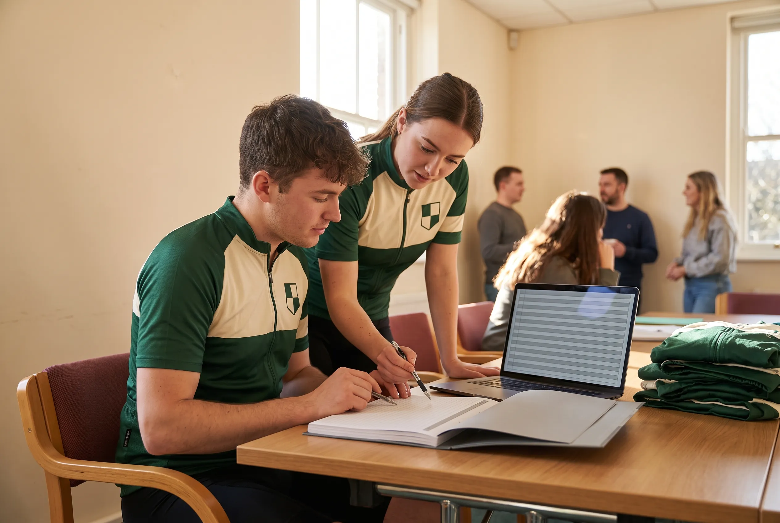 A new university club captain reading through a copy of the team file at a table