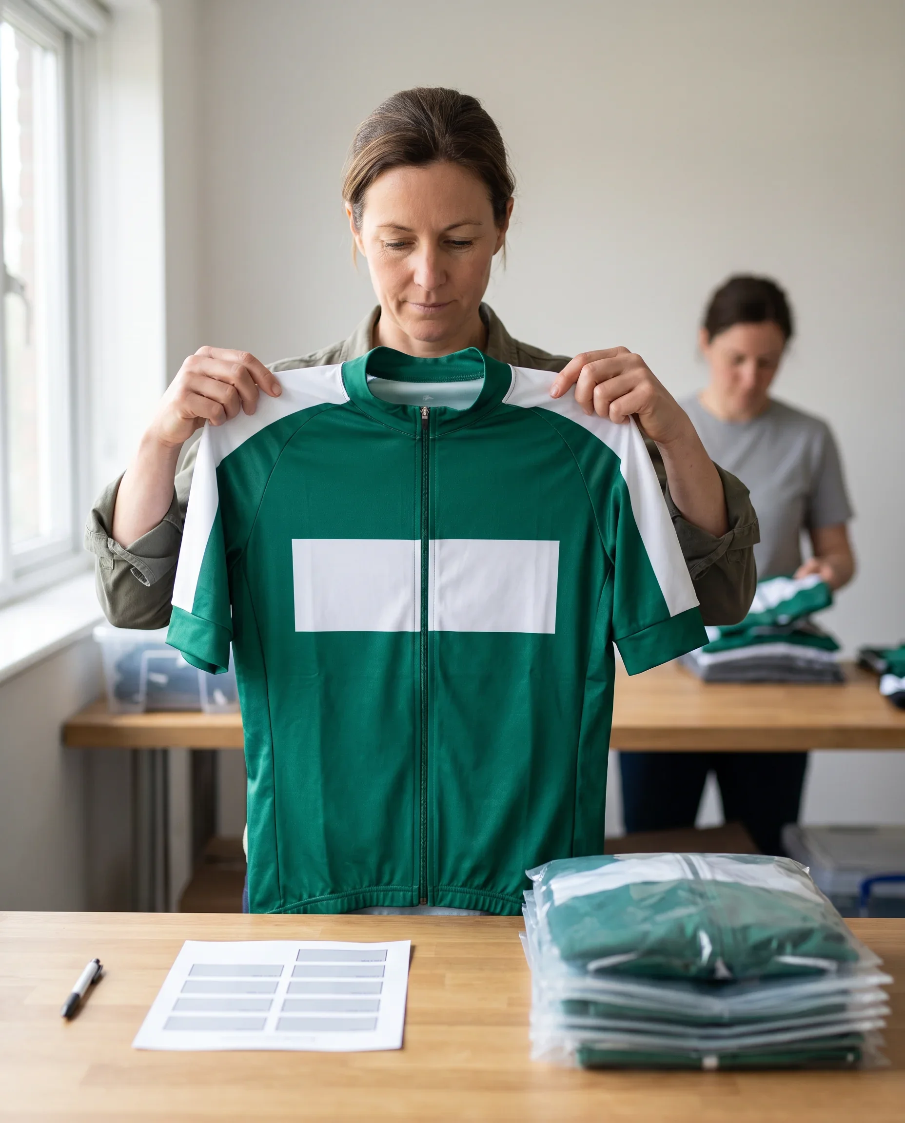 At the packing bench the packing lead zips a new jersey closed to check that the two halves of the chest logo meet as one mark