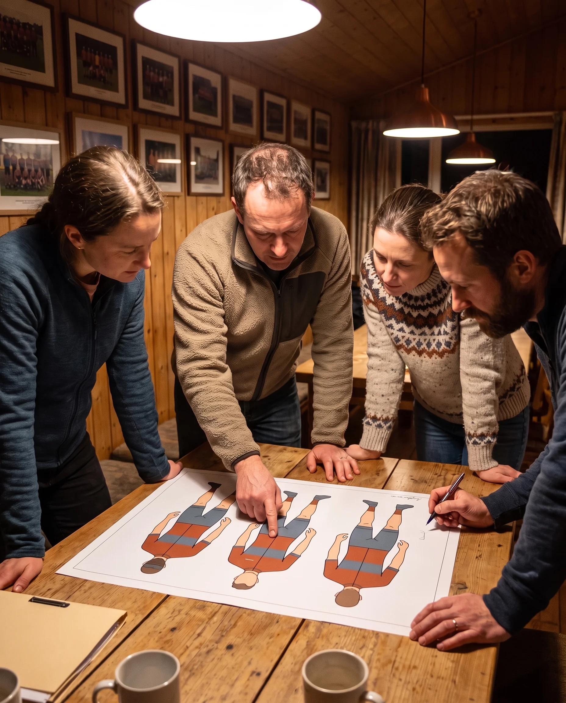 A club committee around a clubhouse table looking at the printed combined kit view while the team manager points at one figure