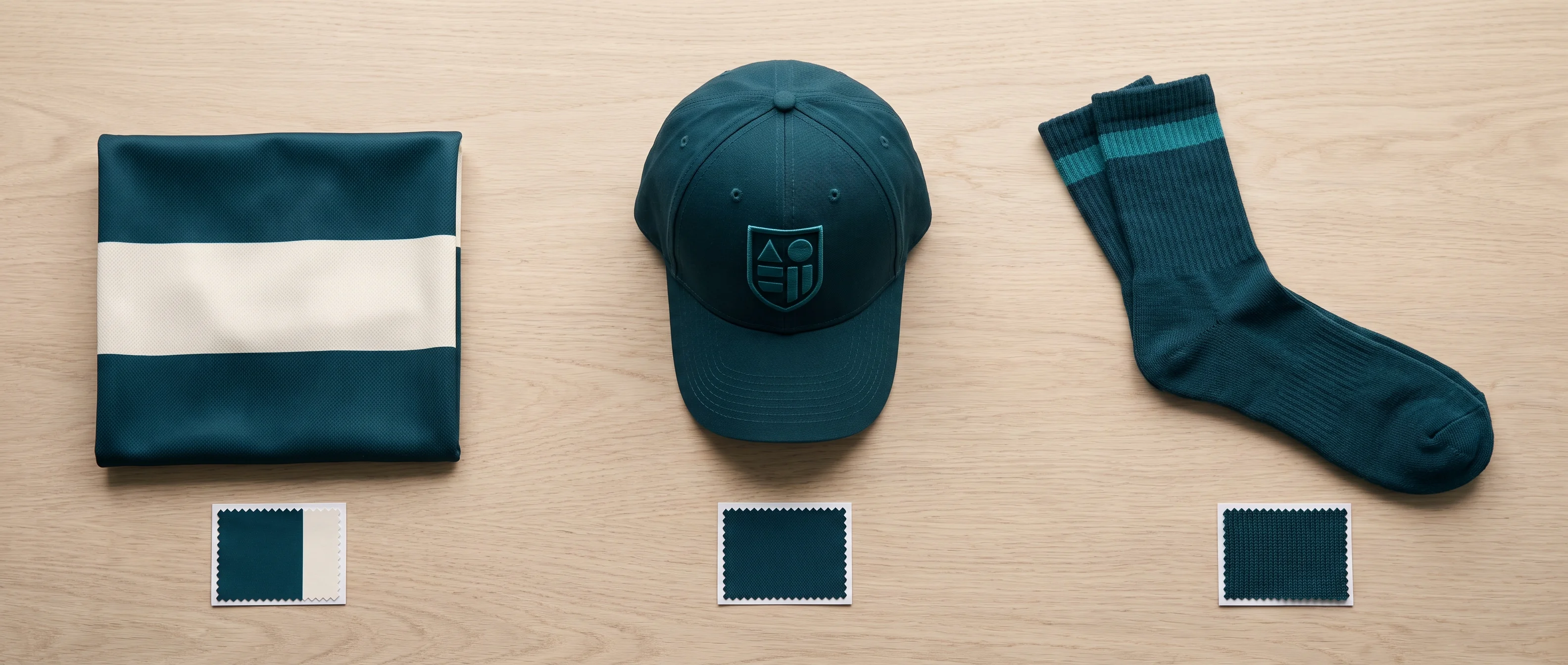 Sublimated jersey fabric, a cap with an embroidered crest and knitted socks in one colourway laid side by side on a worktable, each beside a matching colour swatch
