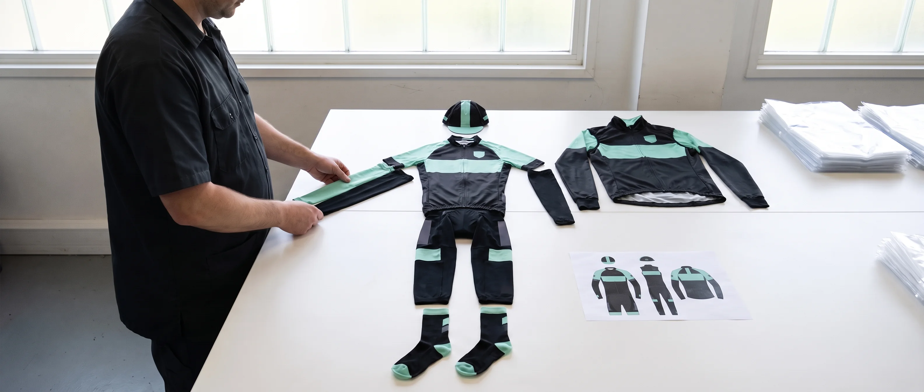 A full team kit laid out piece by piece on a table