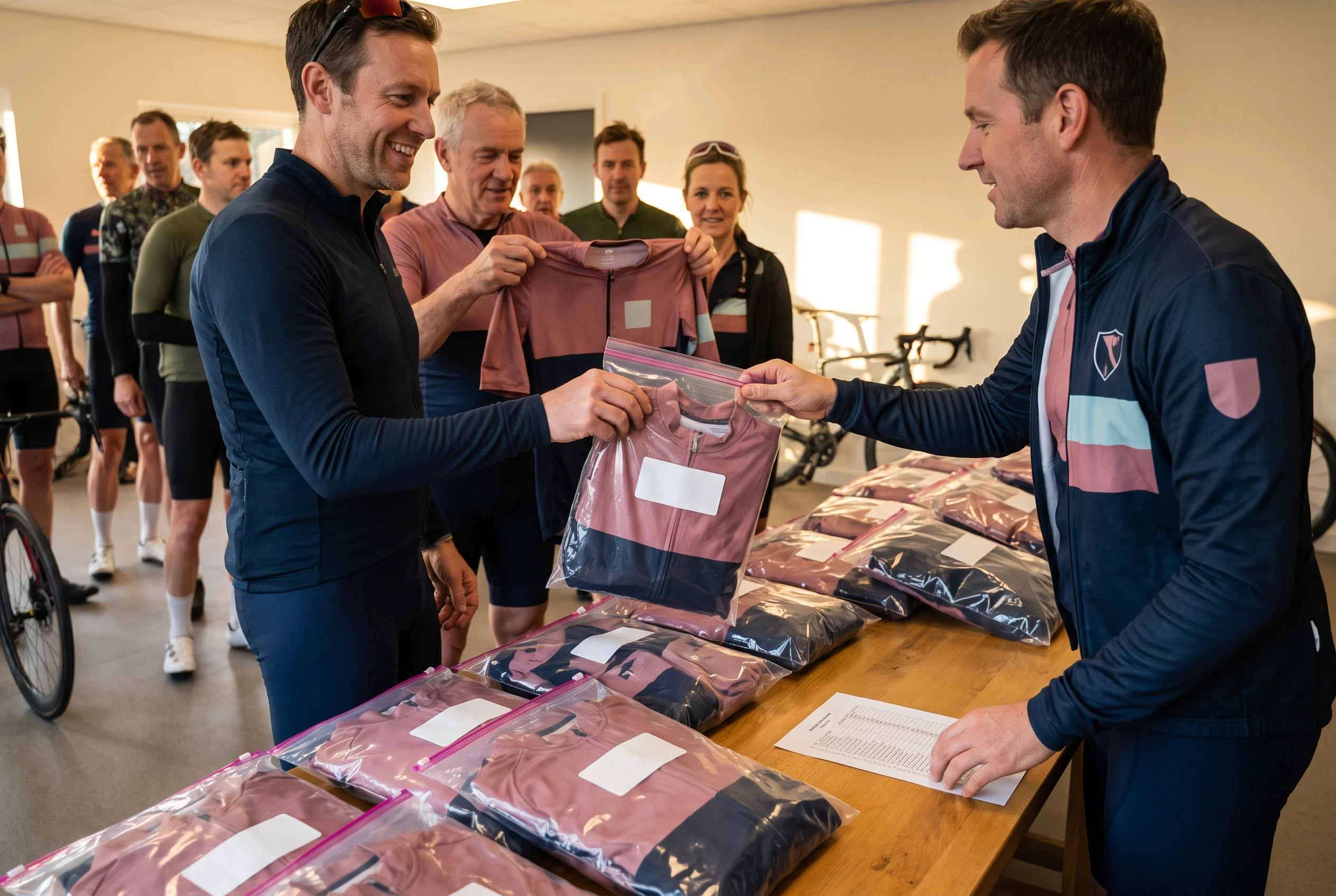 A team manager handing a rider one bag holding every piece that rider ordered, with more bags lined up on the clubhouse table