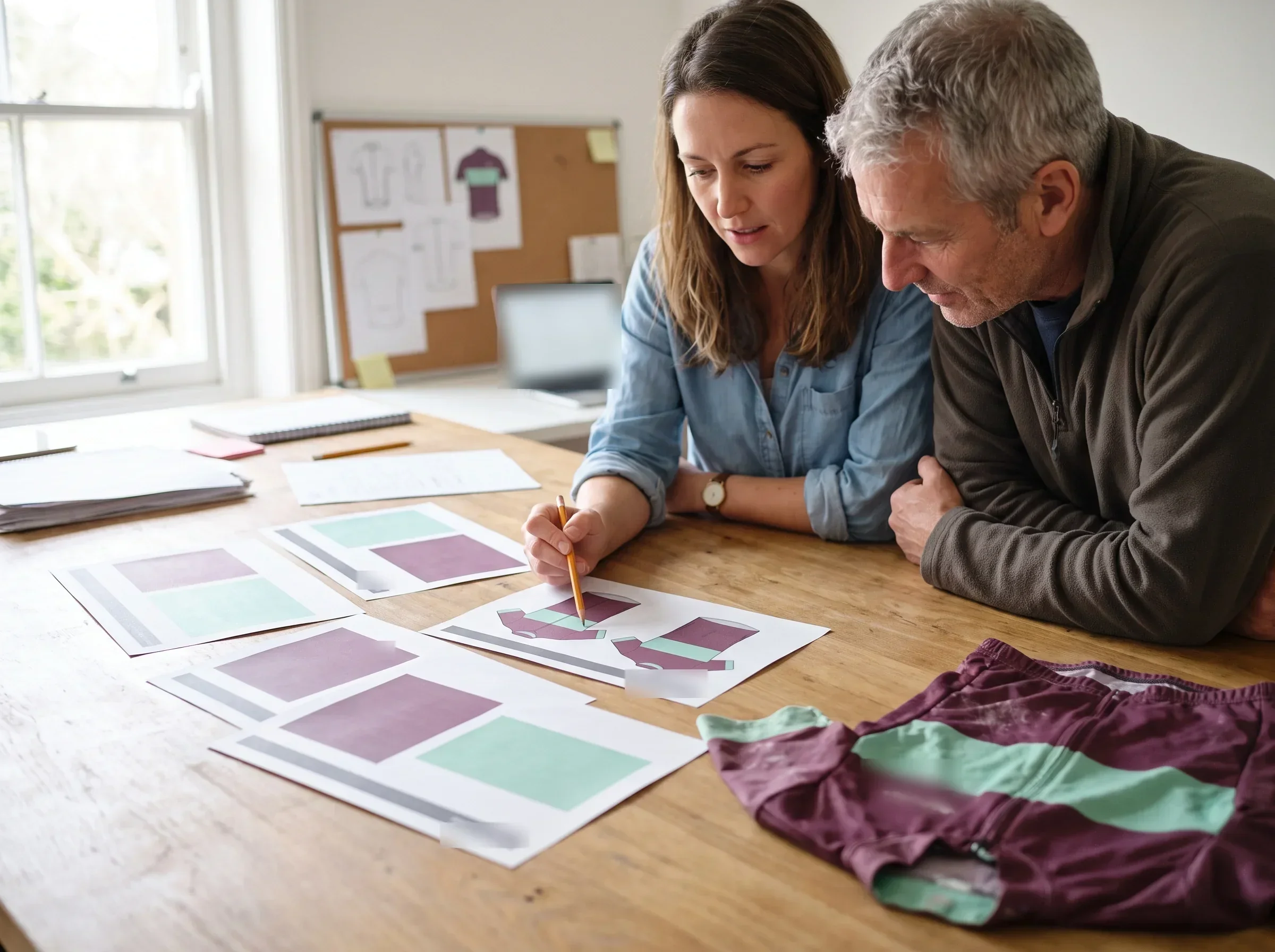 A kit layout designer and a club team manager at a studio table, looking over printed layout proof sheets with flat jersey drawings