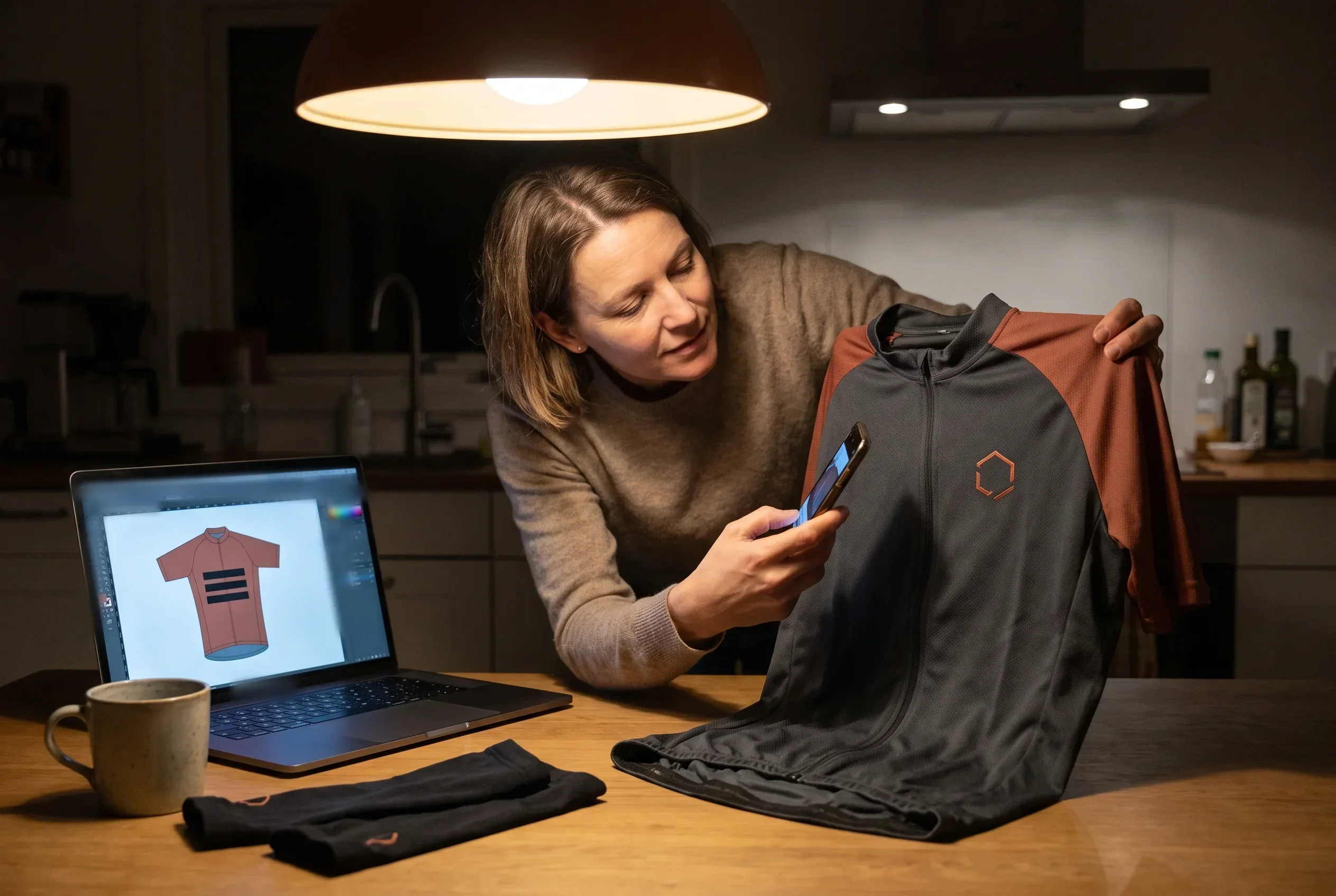 A team manager at a laptop gathering the crest and sponsor logo files next to the club's current jersey