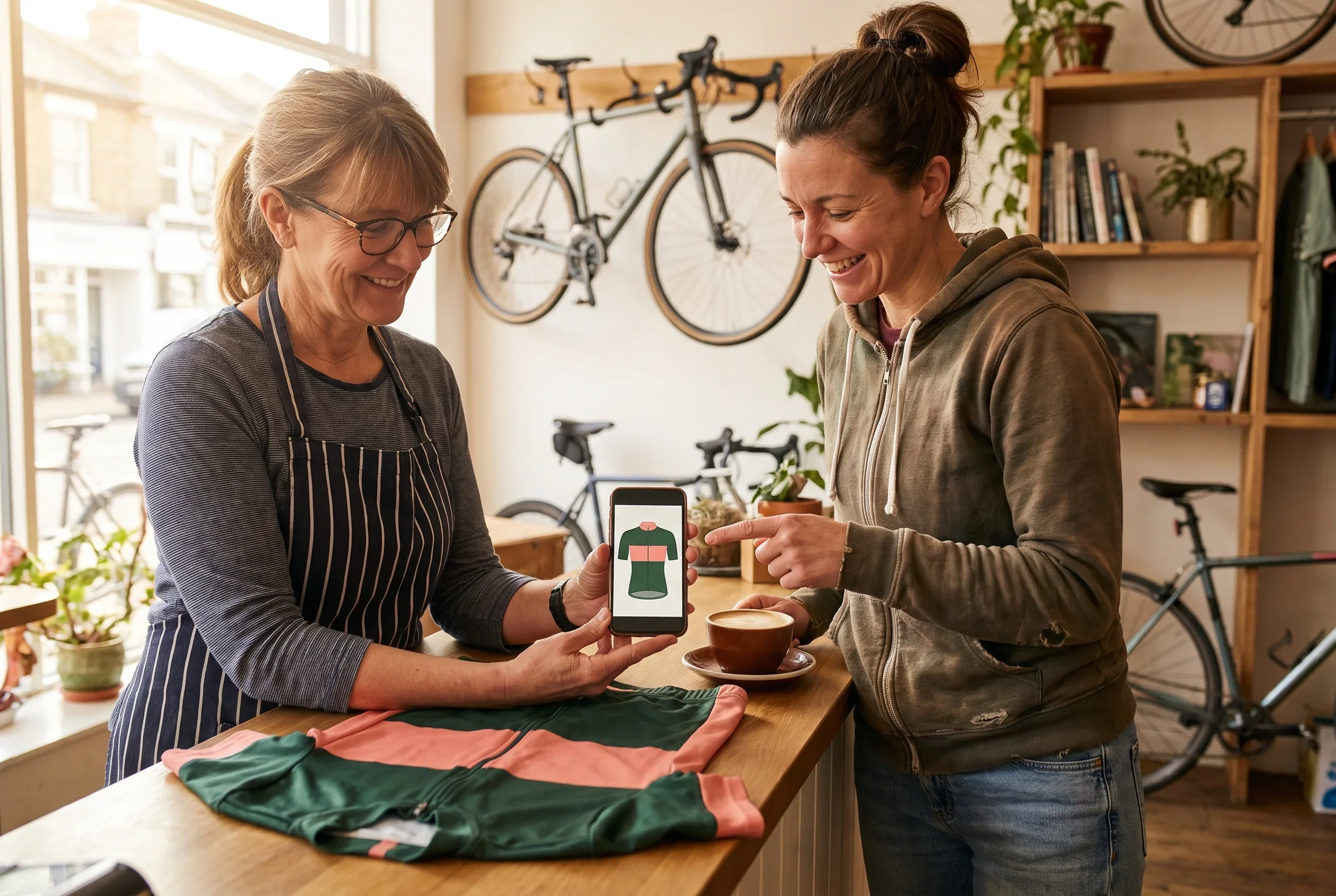 A team manager showing a sponsor the kit layout on a phone while they go through the club's sponsor list