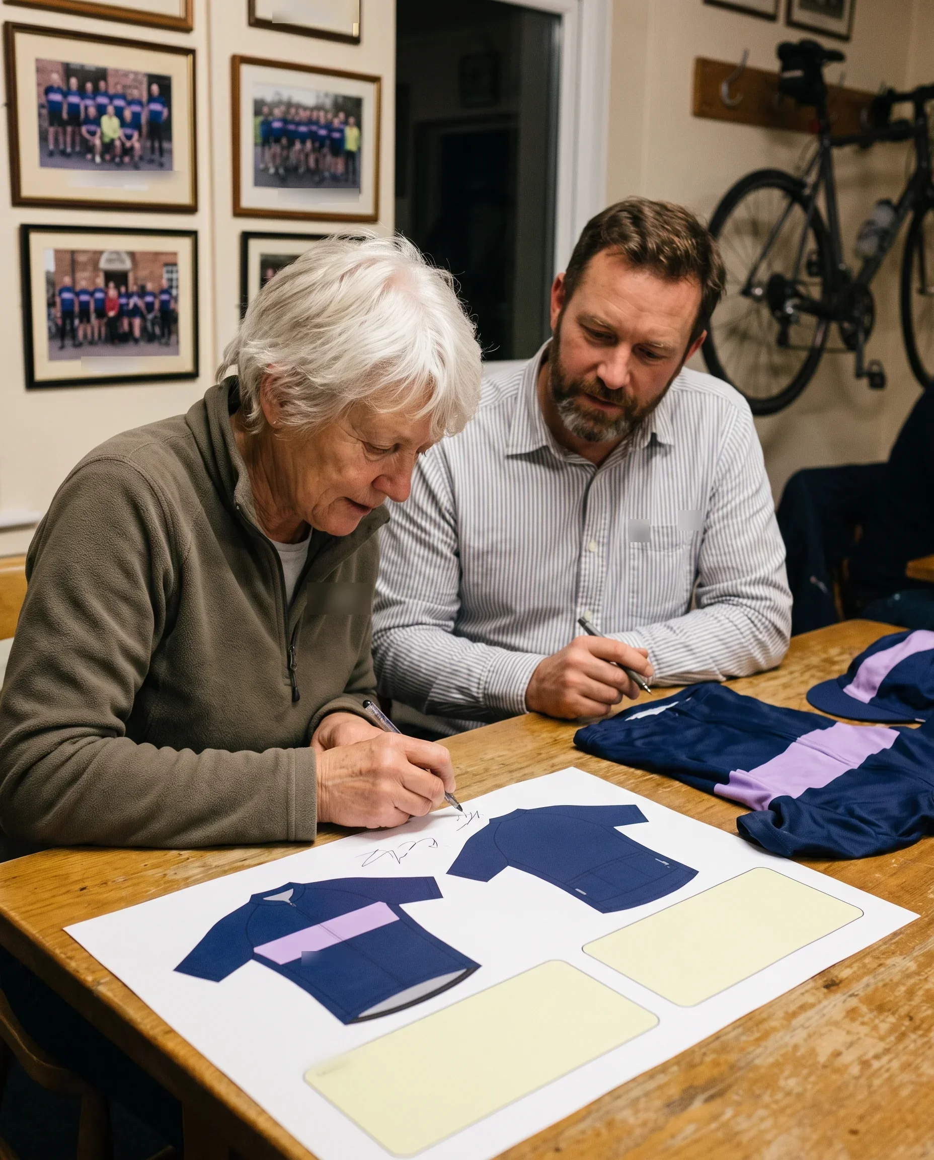 A kit layout designer and a team manager at a table with the printed layout proof both of them sign