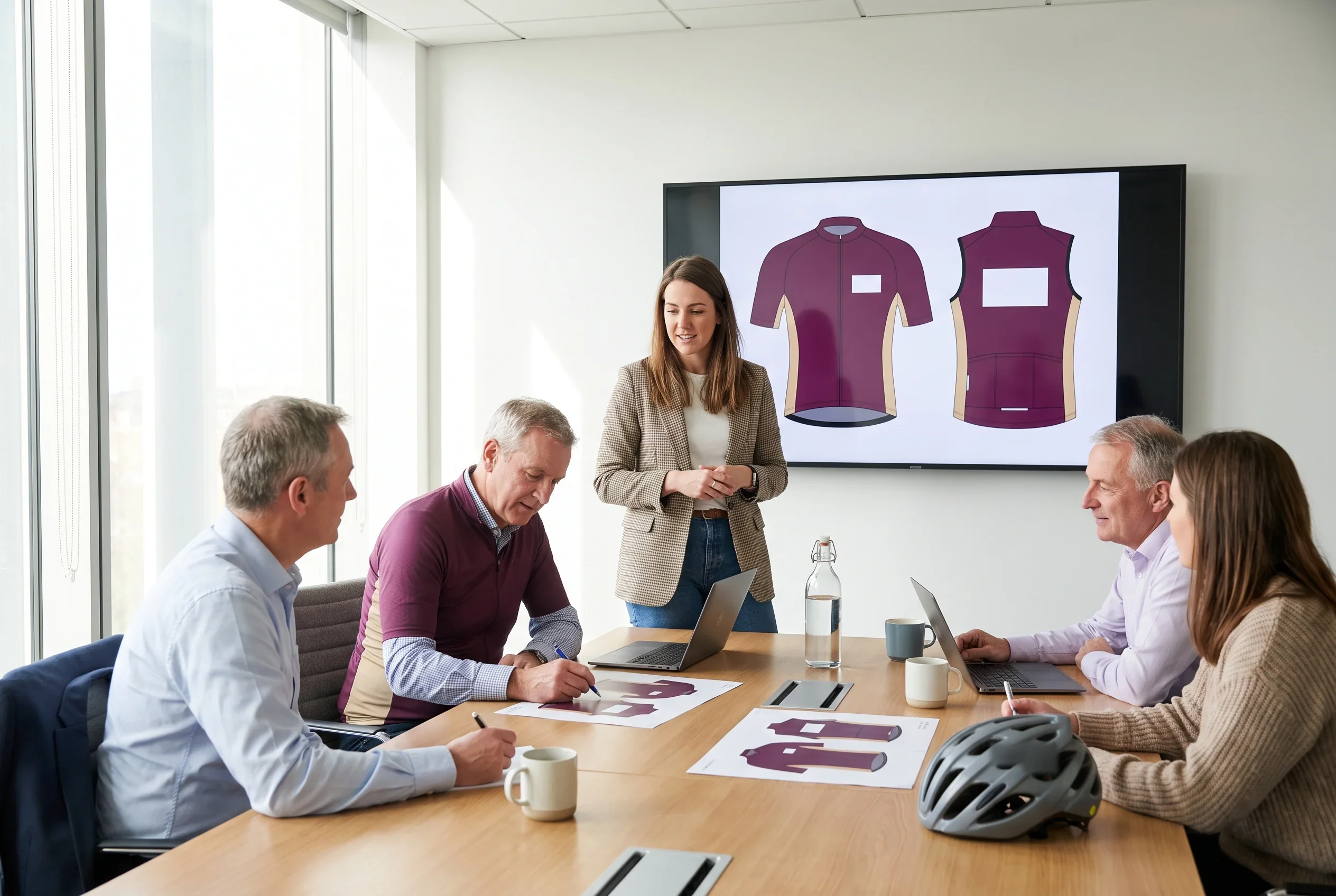 A corporate cycling programme lead and colleagues in a meeting room reviewing a layout proof of the jersey and gilet on a wall screen and on printed pages