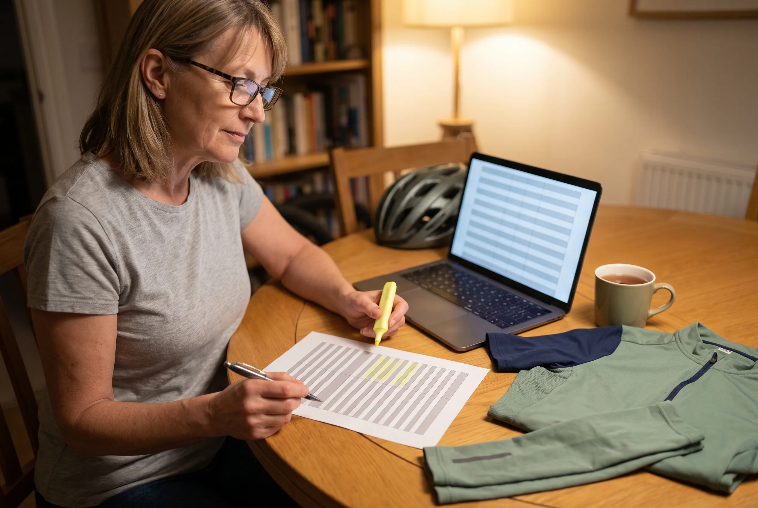 A volunteer team manager at home going through the change log for her club's reorder, two lines marked on a printed list beside a folded club jersey